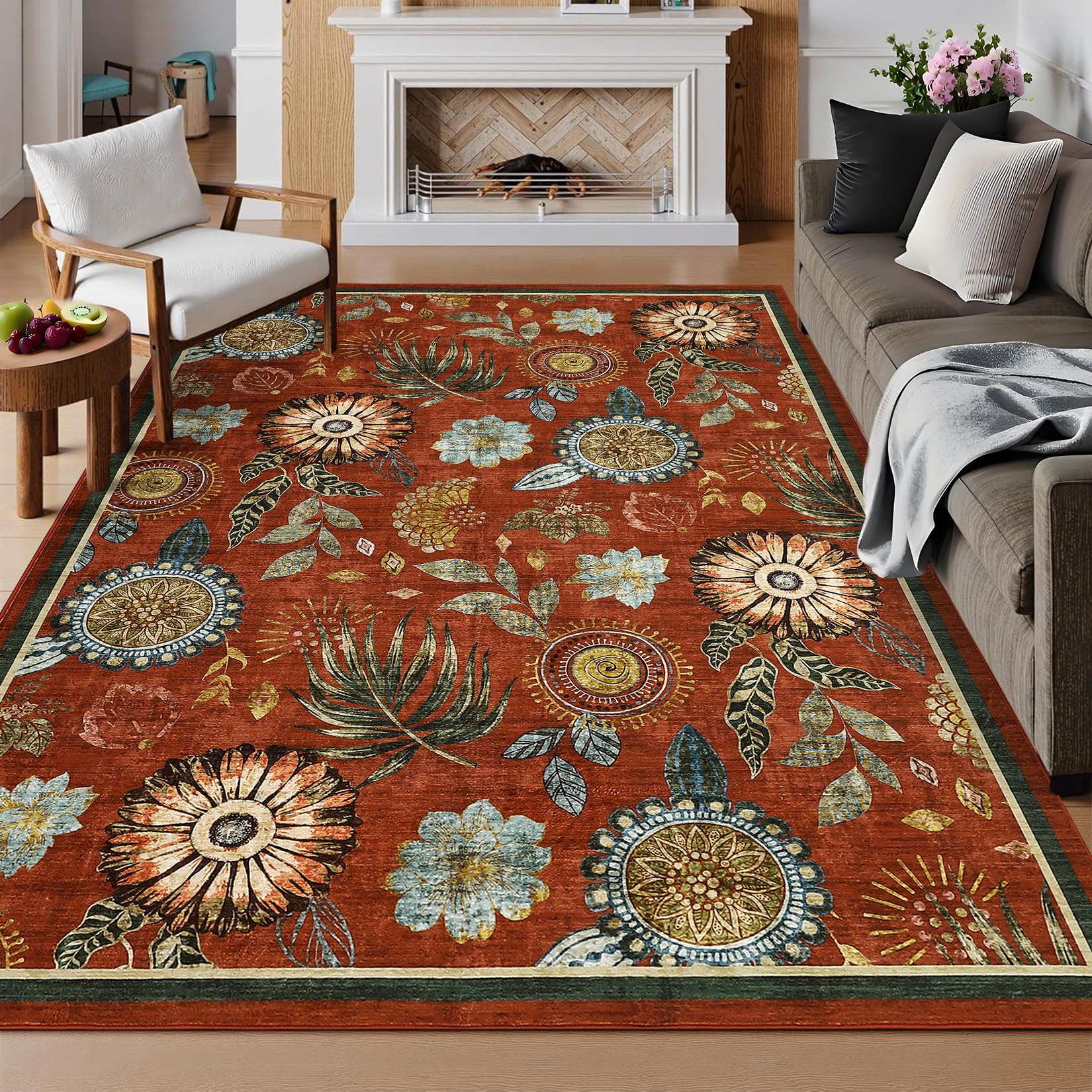 GarveeHome 5x7 Floral Washable Area Rug: Large Living Room Area Rug with Non-Slip Backing Washable Ultra Soft Bedroom Floral Carpet Indoor Stain
