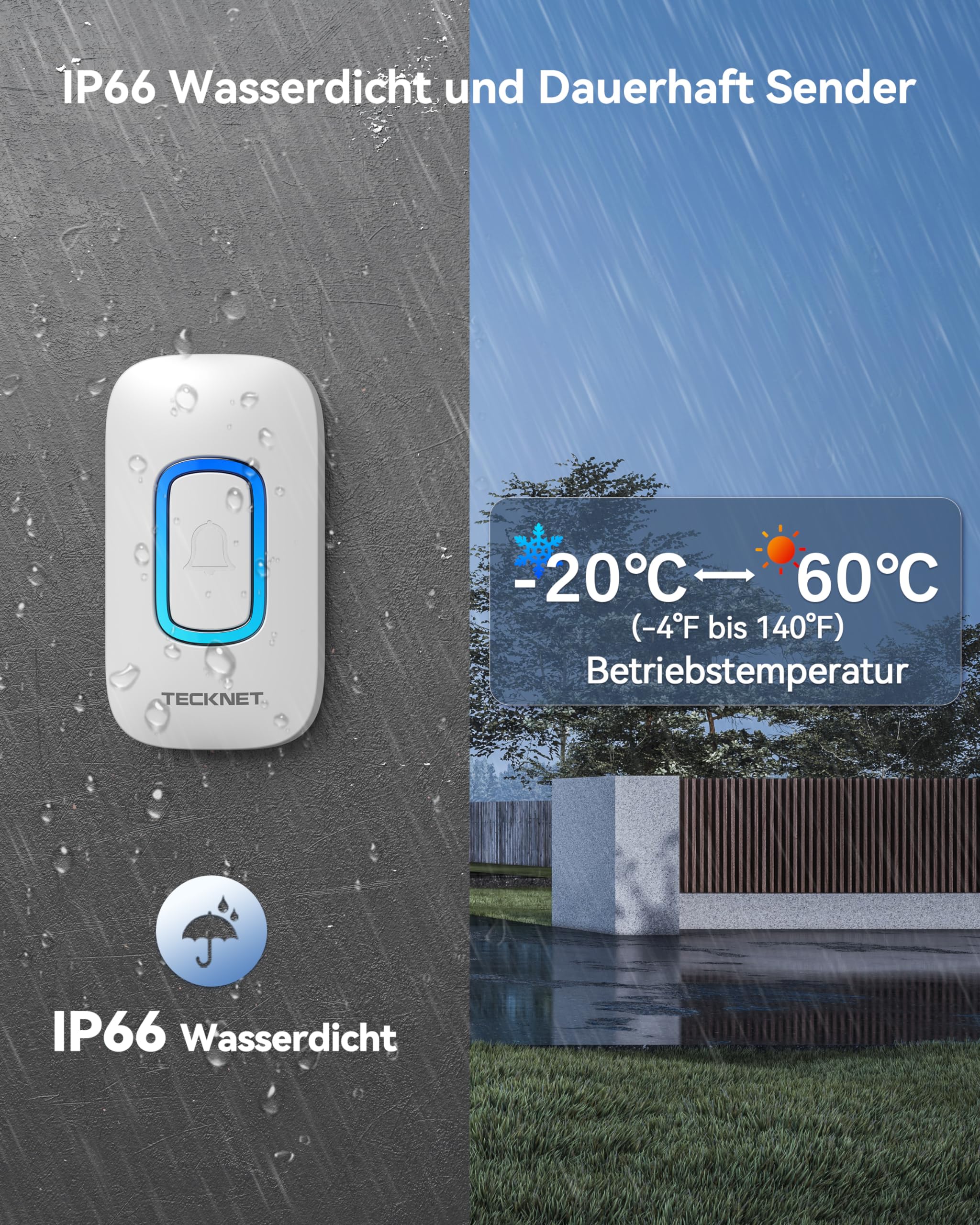 TECKNET Draadloze deurbel, plug-in bel met RGB-licht, IP66