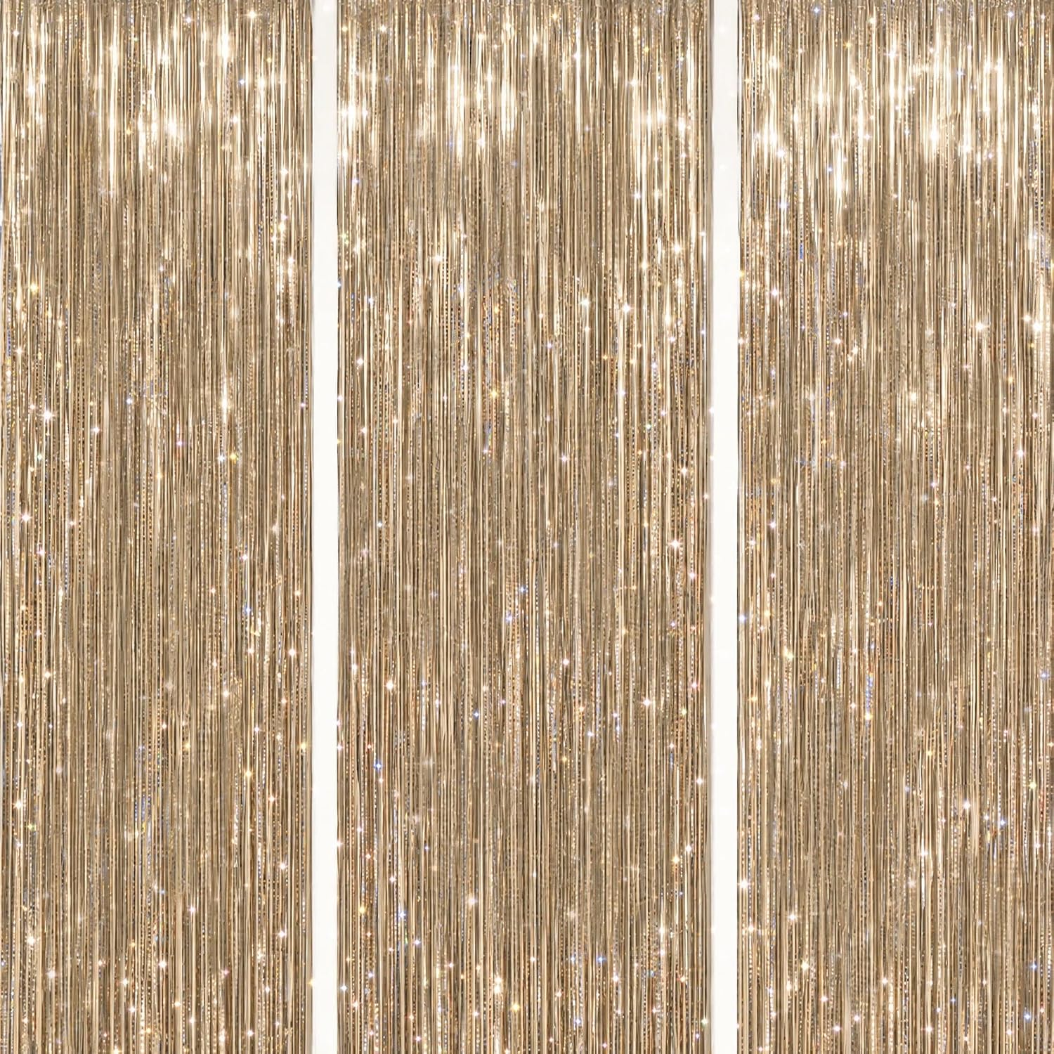 DECOCKRAT 3 Pack Foil Fringe Backdrop - Laser Champagne Shiny Tinsel Curtains for Party Decoration/Photo Booth Props - 3.3x8.2 FT Metallic Foil Backdrop for Birthday, Wedding, Graduation, Christmas.