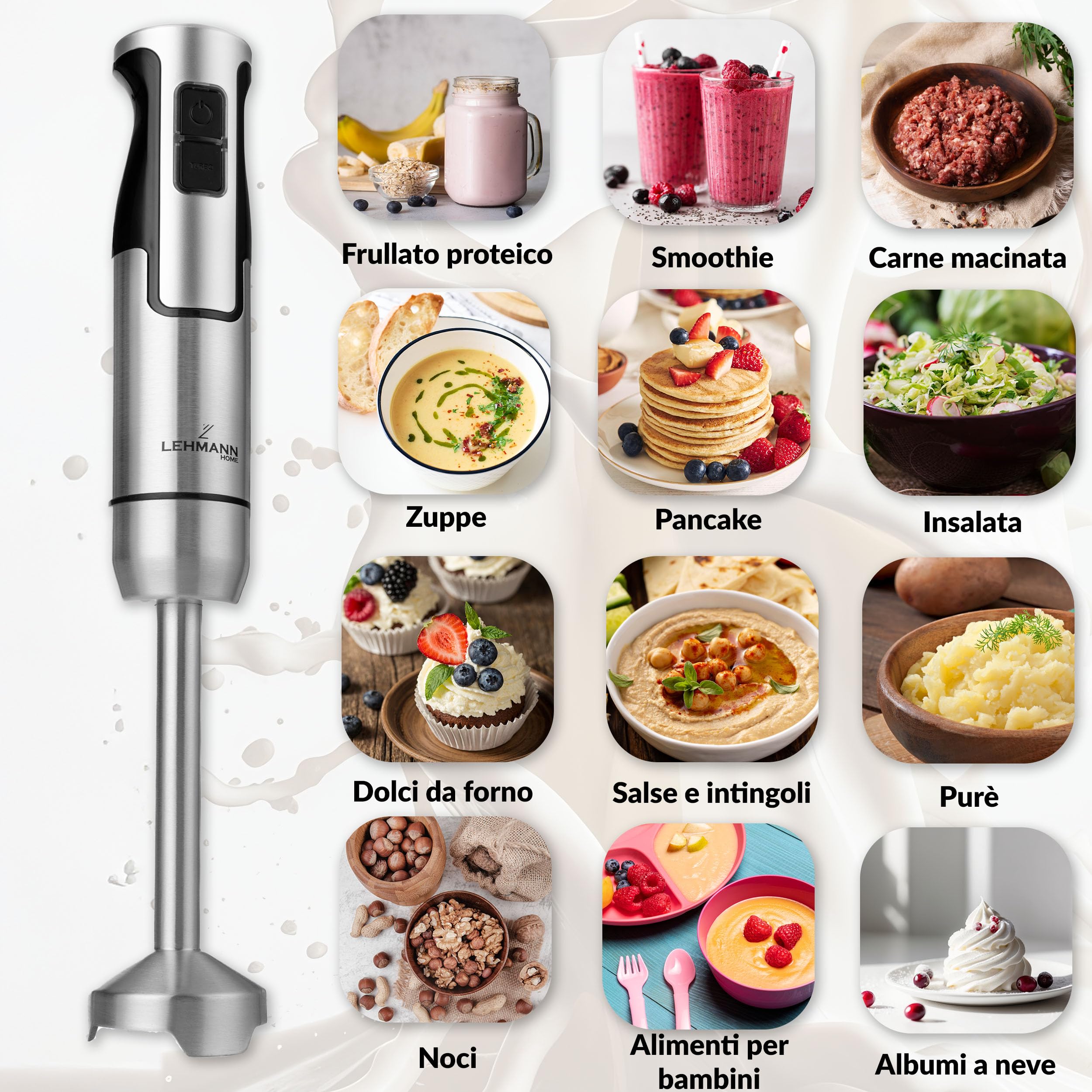LEHMANN Chopsui Frullatore a Immersione 1200 W - Set 7-in-1-9 Accessori - Misurino da 860 ml - Regolazione Velocità a 8 Livelli - Funzione Turbo - 15000 U/min - Senza BPA - Lama Dorata
