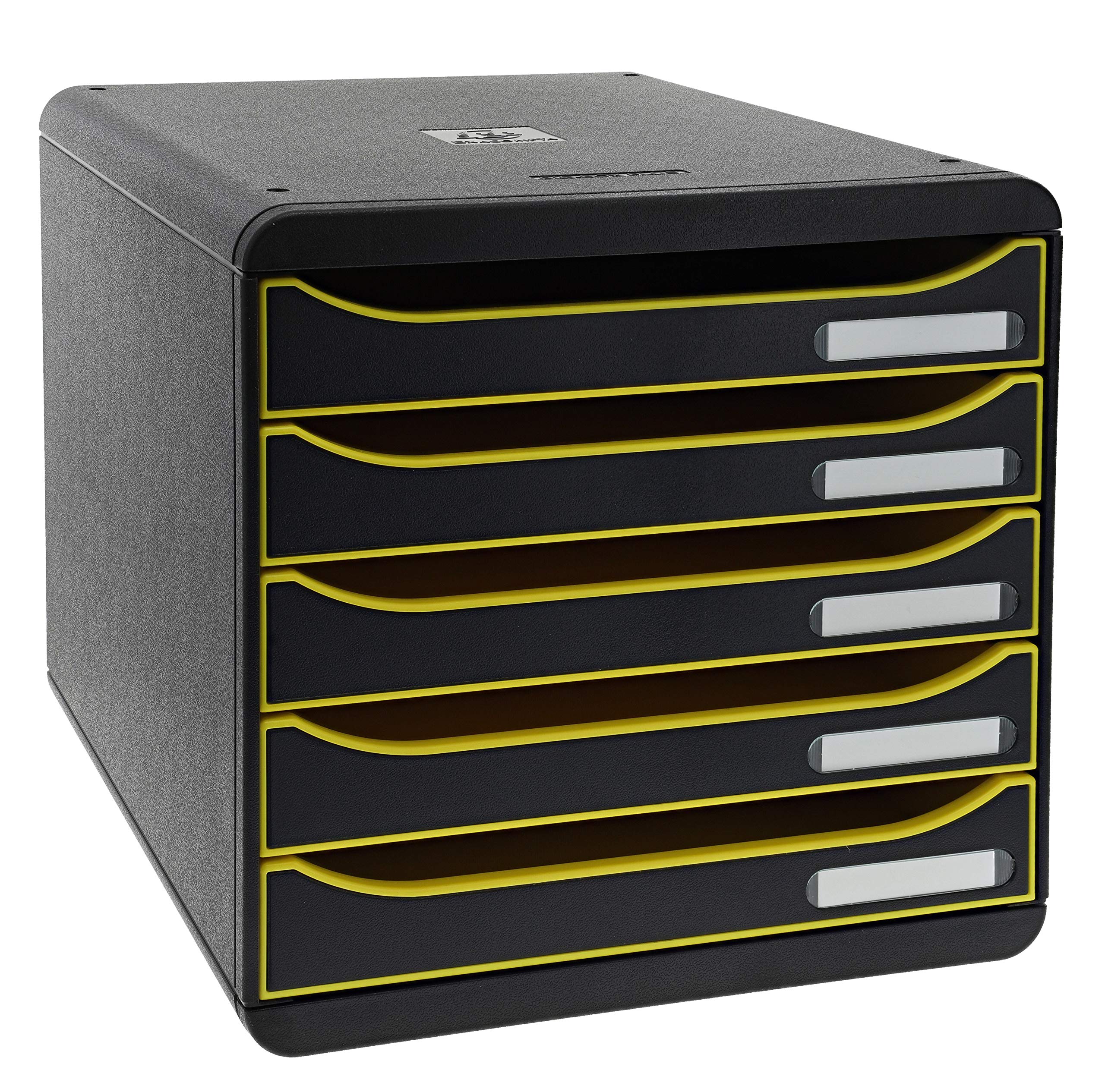 Exacompta - Ref 309989D - BIG-BOX PLUS Desktop Drawer Set - 5 x 43mm Drawers, Suitable for A4+ Documents, 347 x 278 x 271mm, 100% Recycled Plastic - Black/Grapefruit/Black — image 1