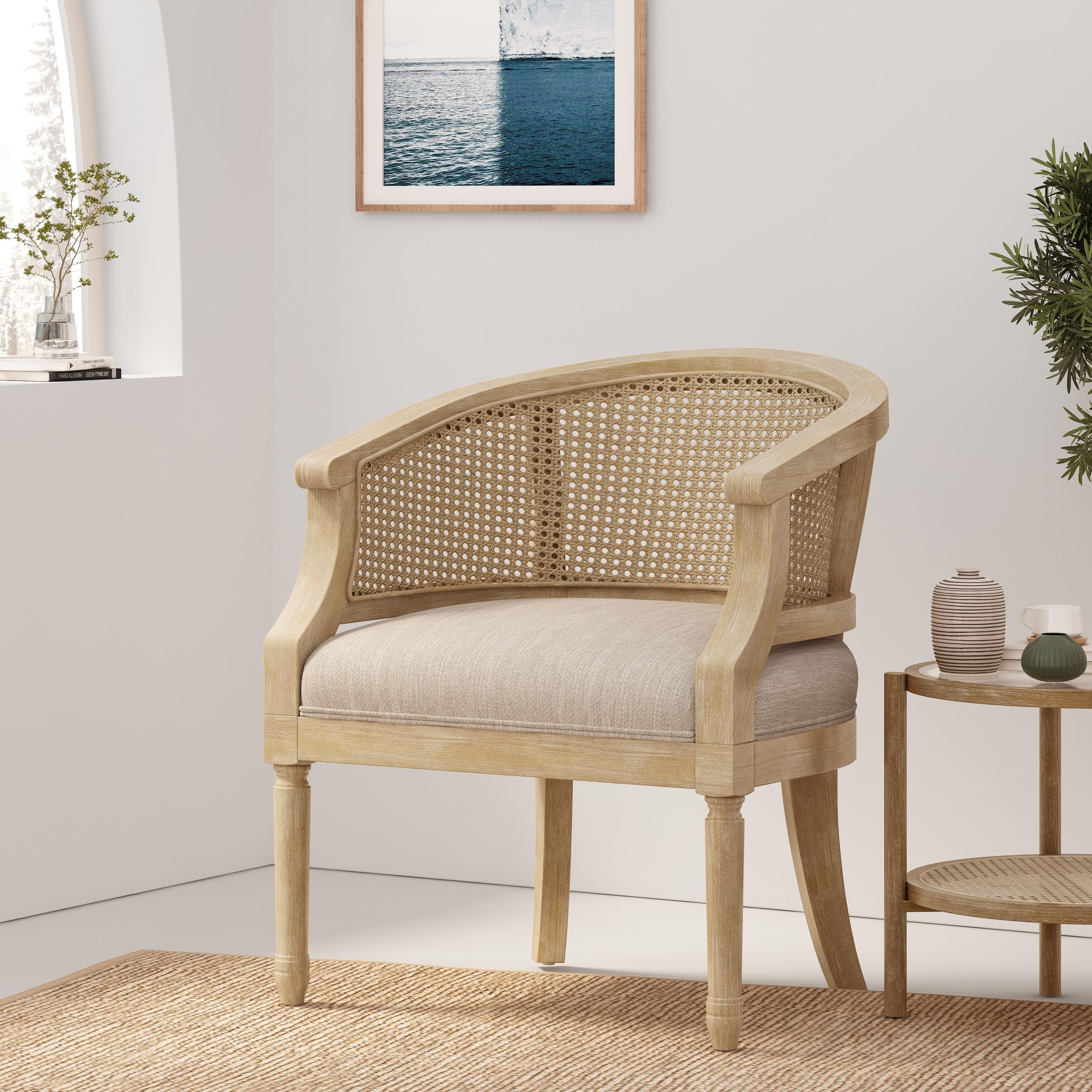 French Country Accent Chair for Living Room, Mid Century Modern Reading Armchair with Cushion and Slender Turned Legs, Single Sofa Chair with Rattan Backrest for Bedroom, Club, Beige