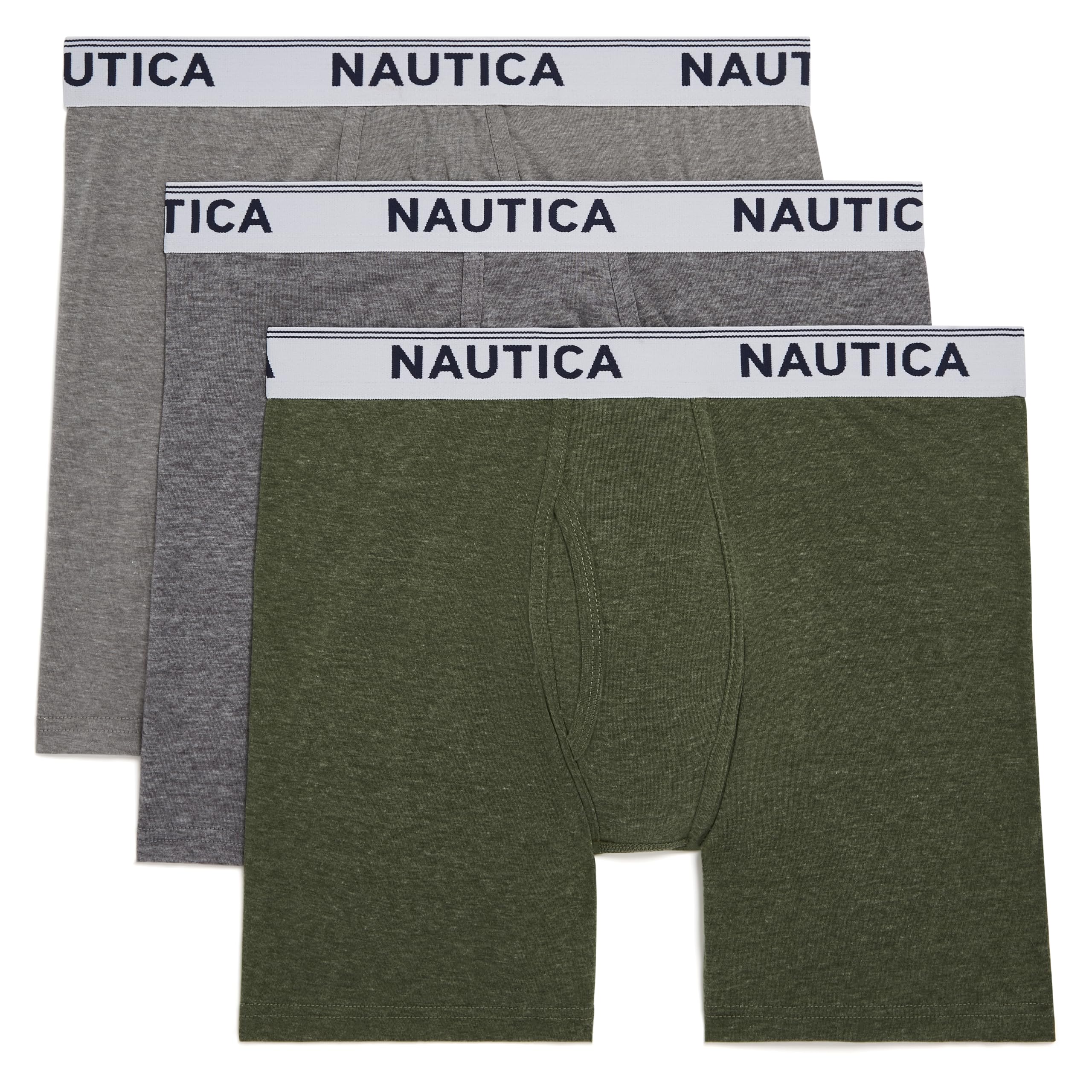 Nautica Men's Light Grey/Charcoal/Forest Green Heather Stretch Performance 3-Pack Boxer Briefs, M
