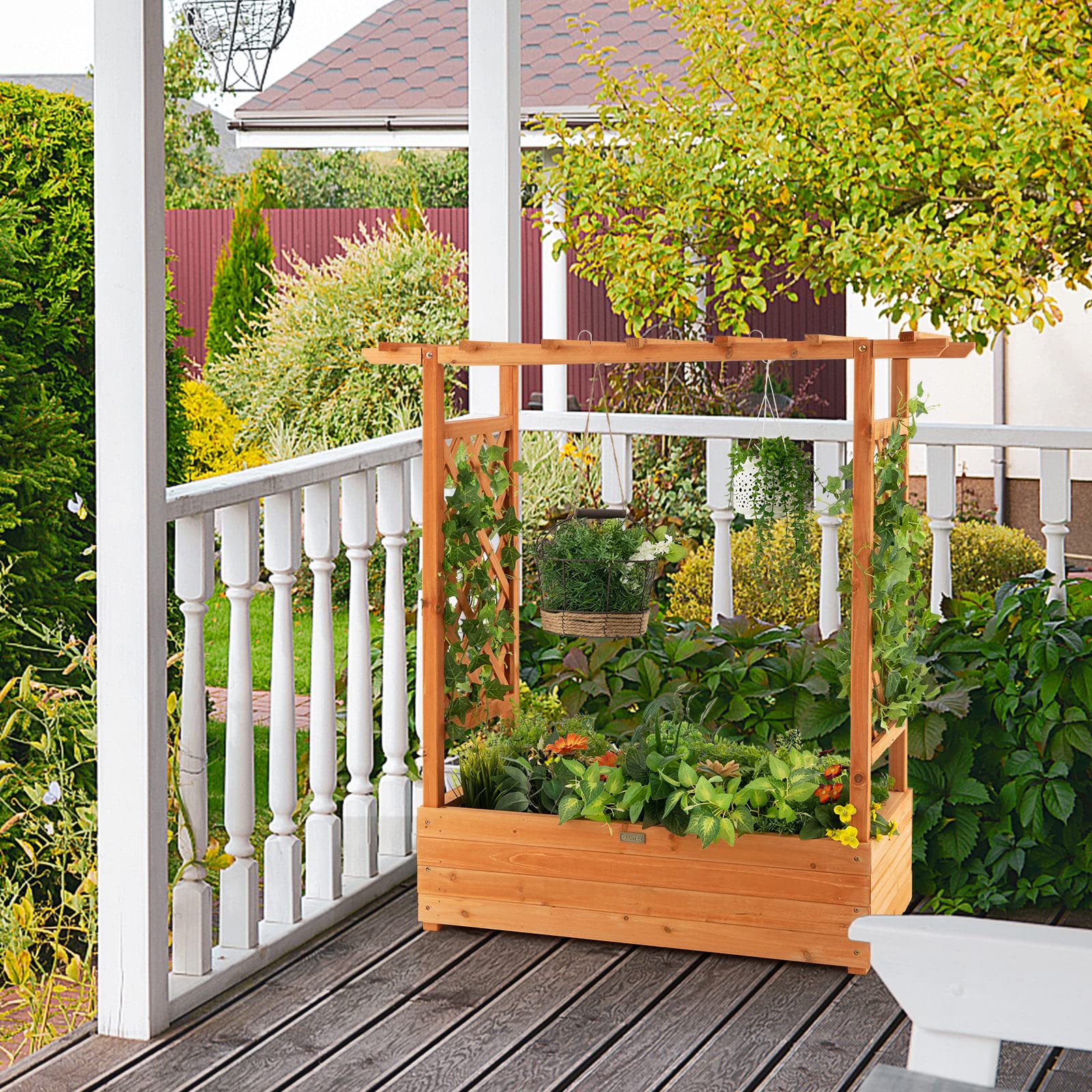 COSTWAY Jardinera Elevado con Enrejado Arqueado, Techo Colgante, Macetero, Orificios de Drenaje, Contenedor Vertical de Plantas para Plantas, Macetero de Madera Interior Exterior para Jardín Patio