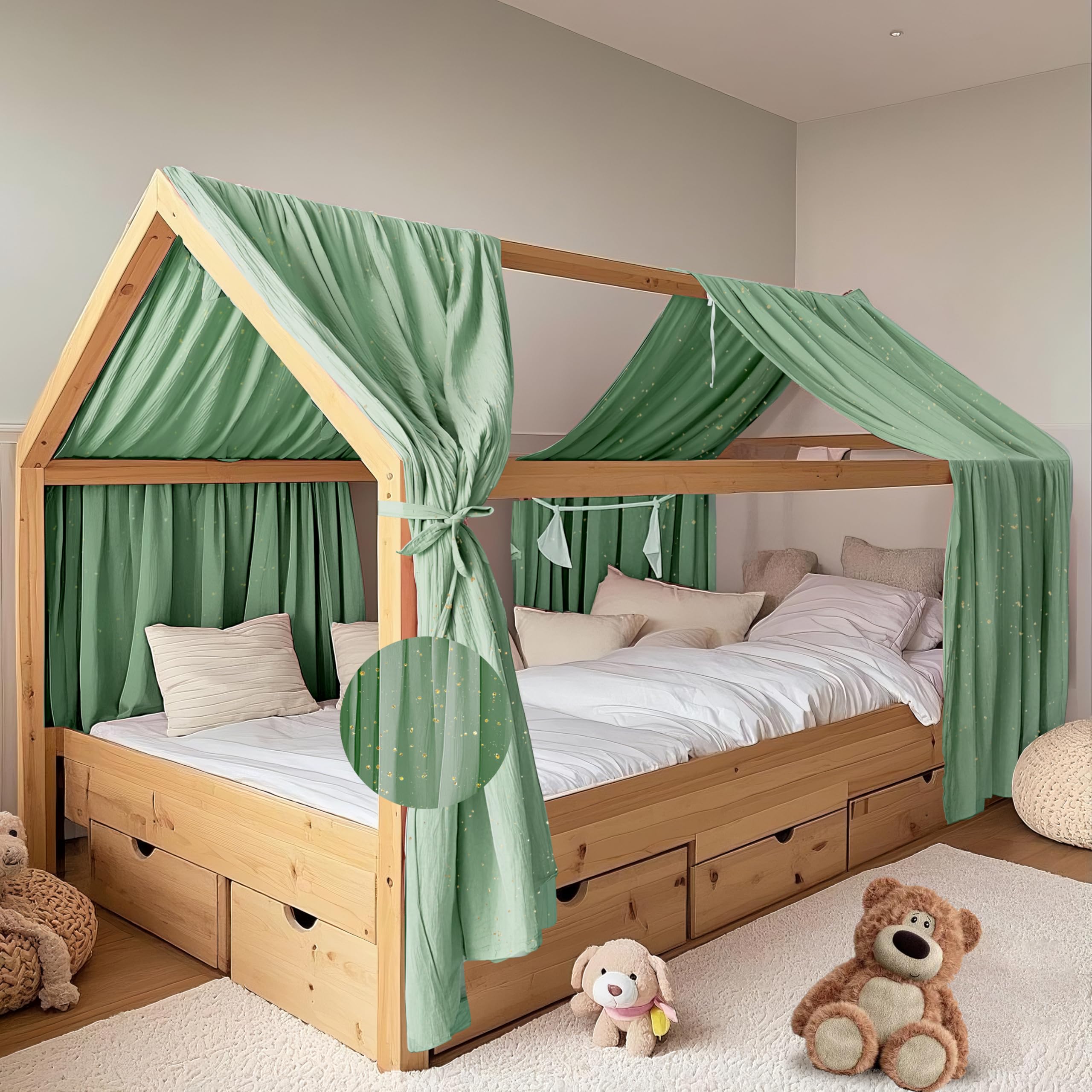 Ciel de lit en mousseline fait main avec détails dorés eucalyptus de 270 cm