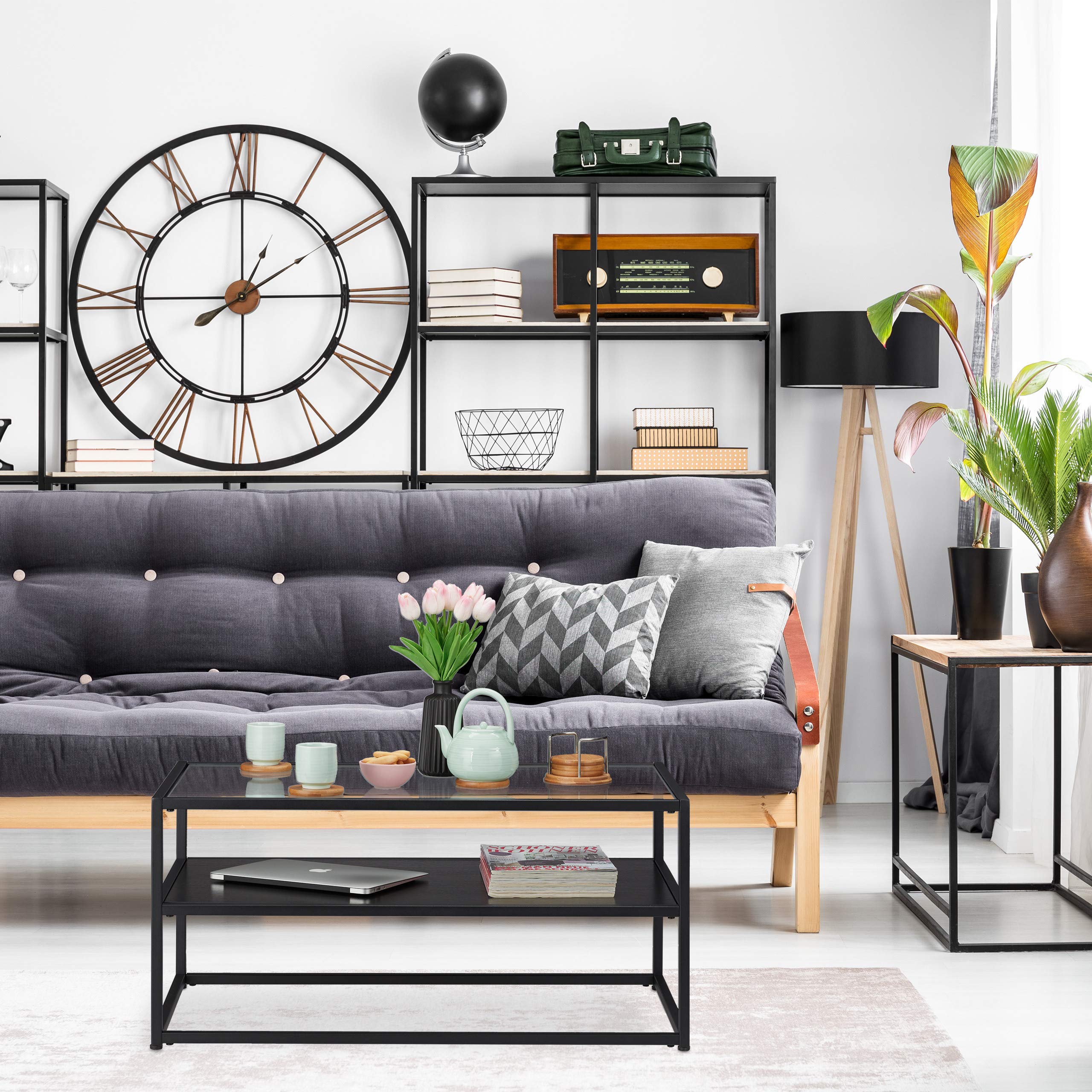 Relaxdays Tavolino da Divano, Ripiano in MDF, Vetro & Metallo, Design Moderno, Elegante Tavolino da Salotto, HLP 42x90x50 cm, Nero