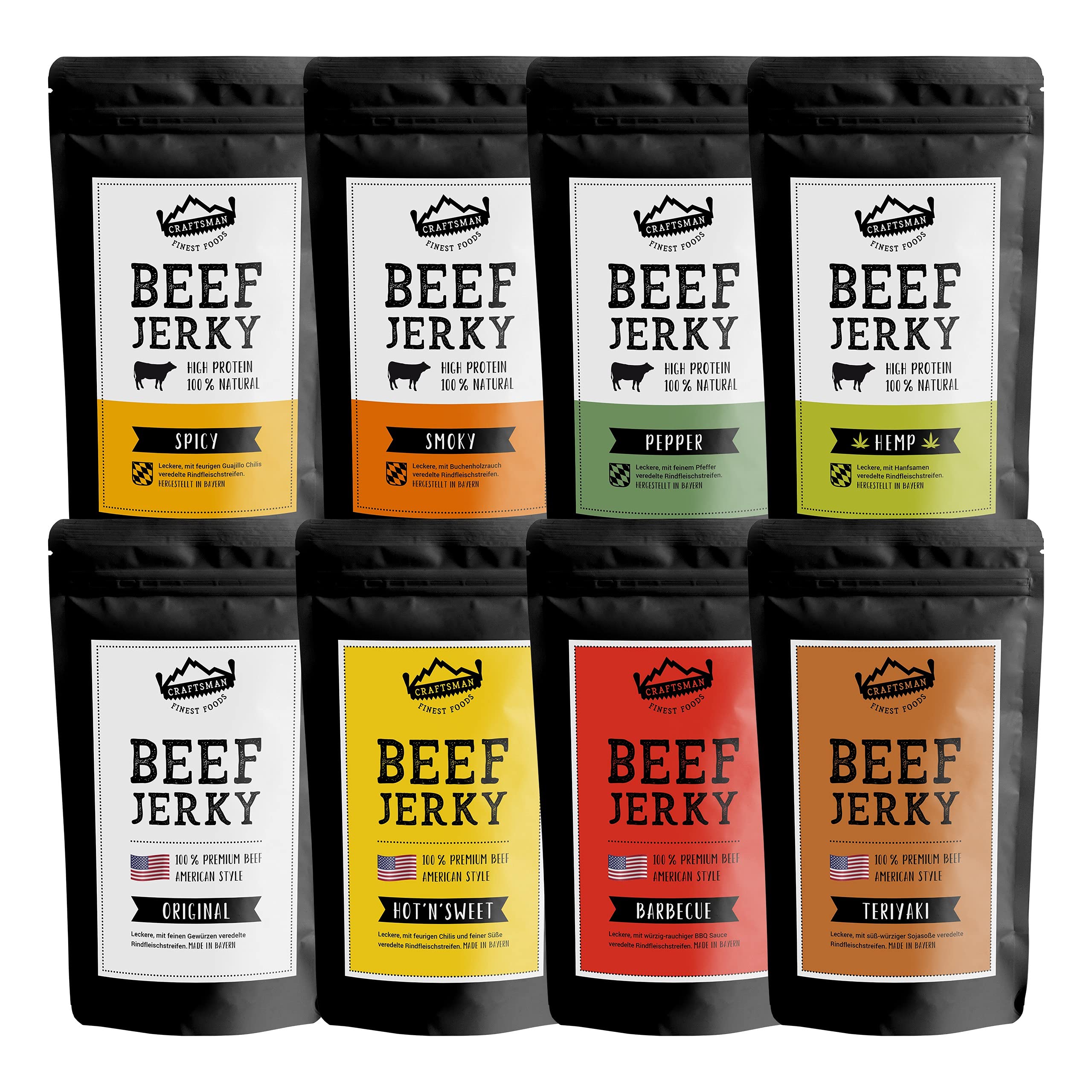 Craftsman Beef Jerky Superpack | Set 8x 50 g (400 g) Trockenfleisch Mix Set | Weiderind, Rindfleisch aus Bayern, Alle Sorten, Manufakturverfahren, Probierpack