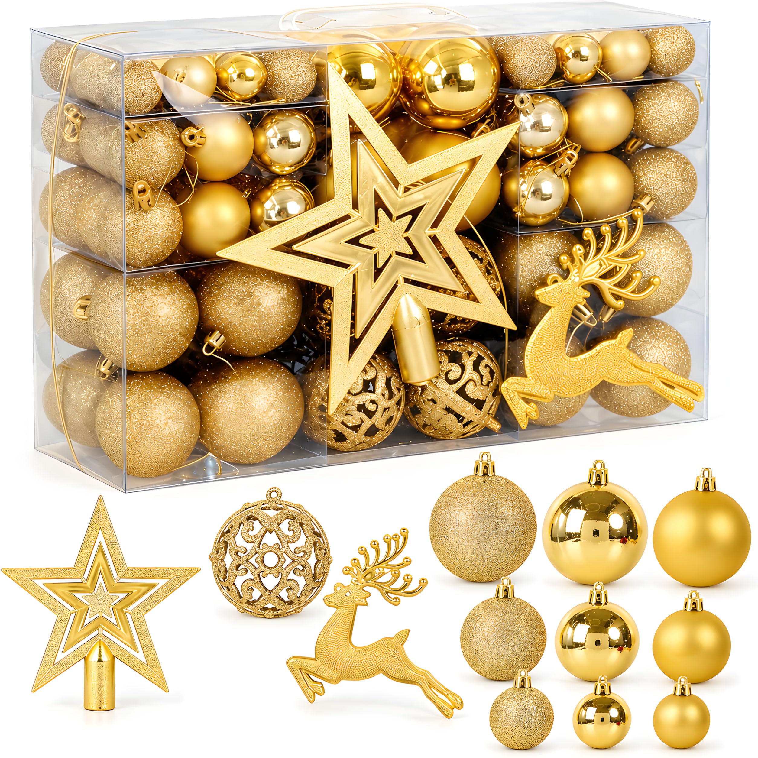 VITEVER 102 Pcs Gold Christmas Baubles Set with Star Topper & Reindeer
