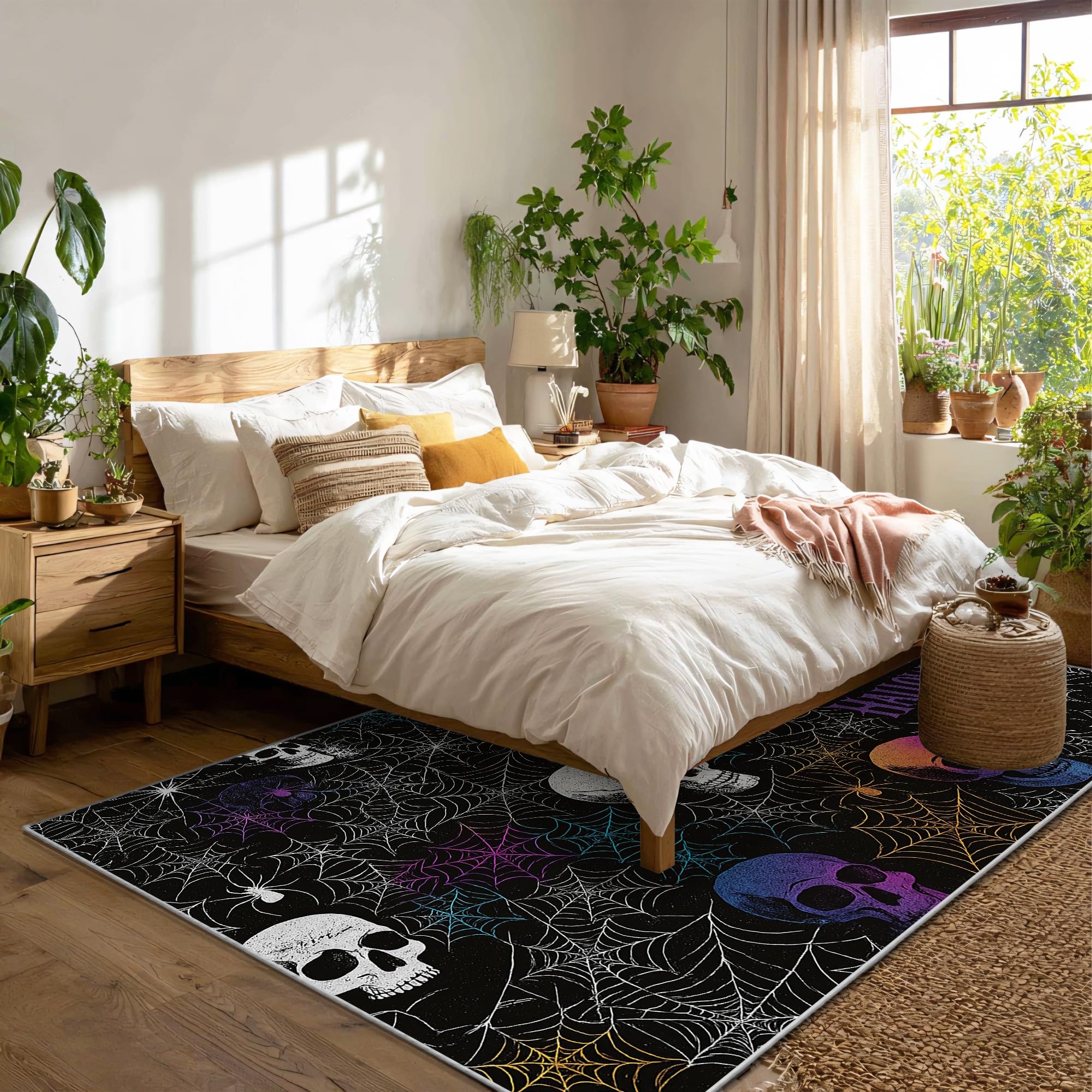 Tappeto a forma di teschio, per Halloween, gotico, ragnatela, Halloween, nero, a pelo basso, rettangolare, per soggiorno, camera da letto, corridoio, ufficio, decorazione 15 x 18 cm