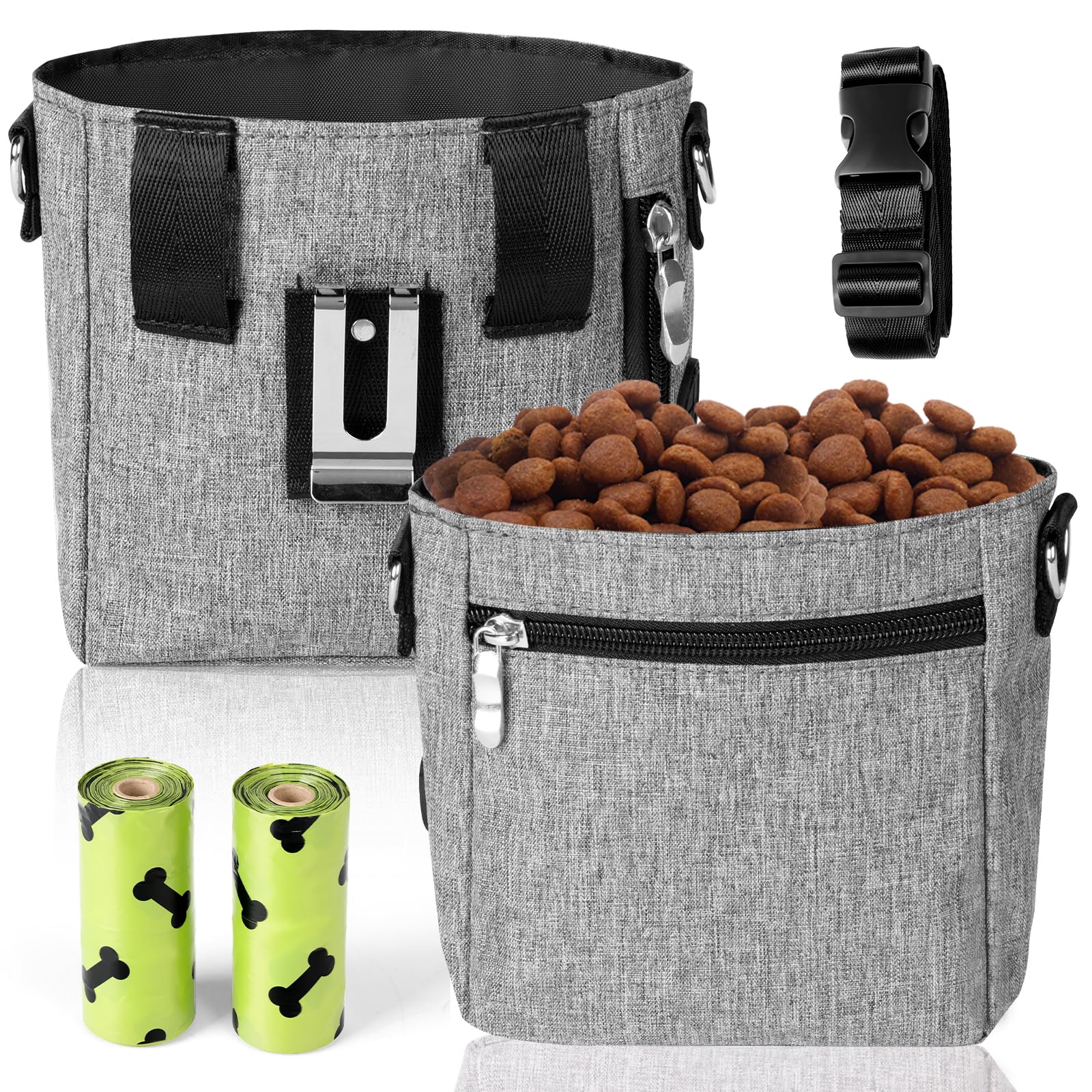 Dog Treat Pouch with Magnetic Closure - 3 Ways to Wear Dog Training Treat Bag with Waist Belt, Shoulder Strap & Metal Clip, Built-in Poop Bag Dispenser, Hands-Free Dog Training Treat Pouch