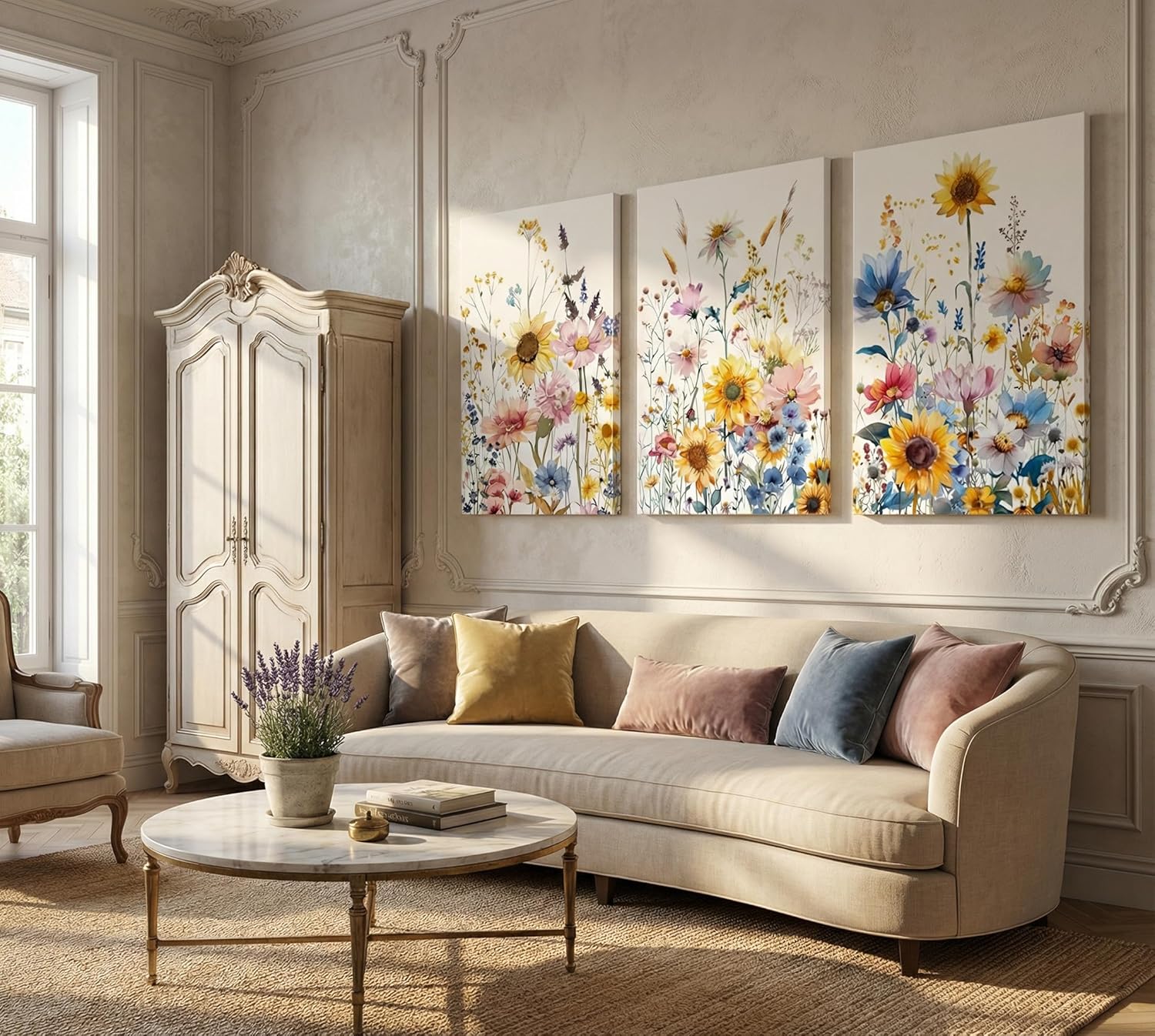 3pcs Sunflowers Floral Canvas Wall Art Colorful Wildflowers Wall Decor Pictures Watercolors Botanical Flowers Poster Prints for Living Room Bedroom Girl Room Scene Home Decoration Prepare To Hang Sunflower 16"L x 12"W - Canvas