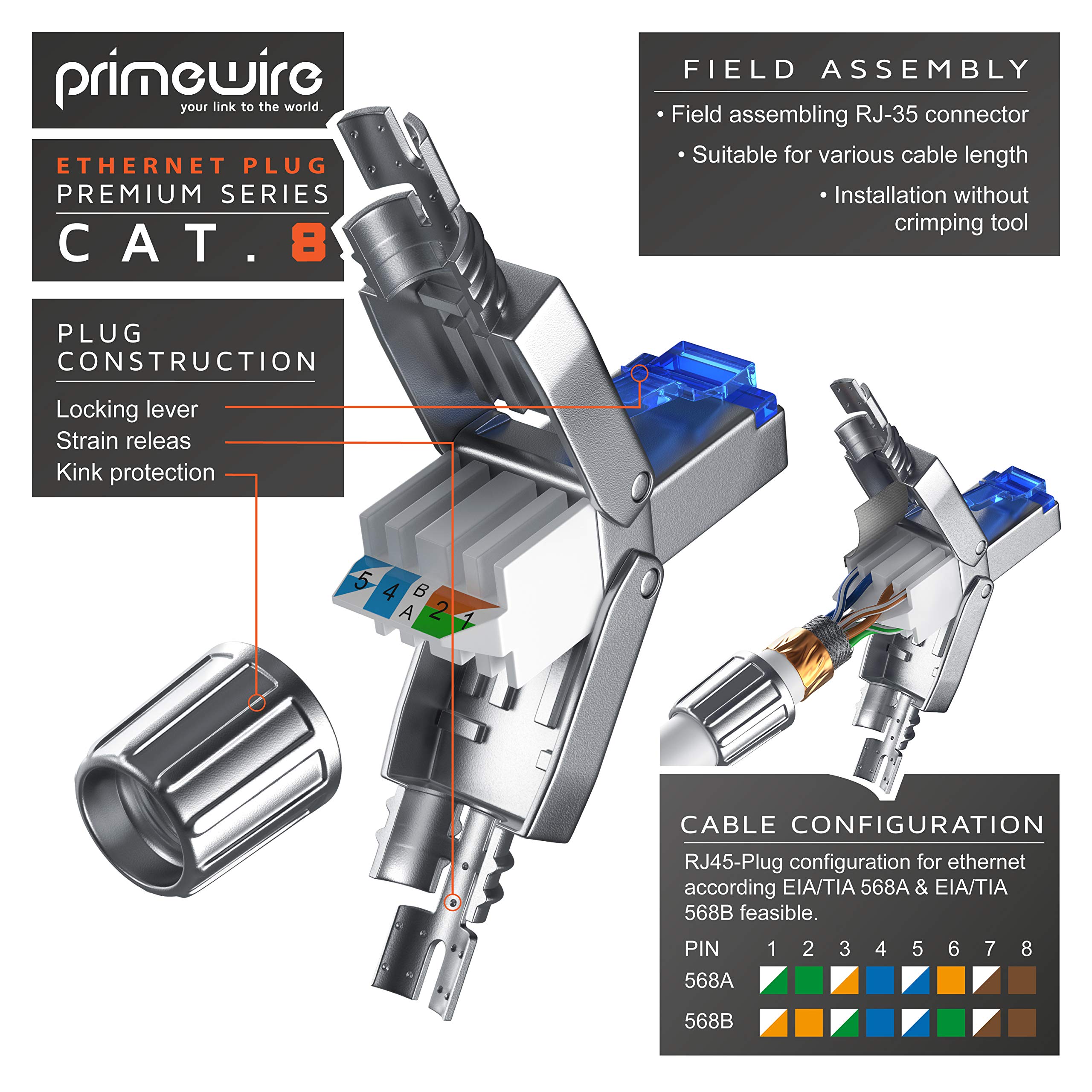 Primewire - 10x connecteurs de sertissage sans Outils RJ45 Cat 6 Cat 7 Cat 8 - connecteur modulaire rj45 - fiche rj45 sans Outil - blindé en Zinc - LAN 40 GBit/s 20000 MHz - TIA-568A, B - 23, 26 AWG