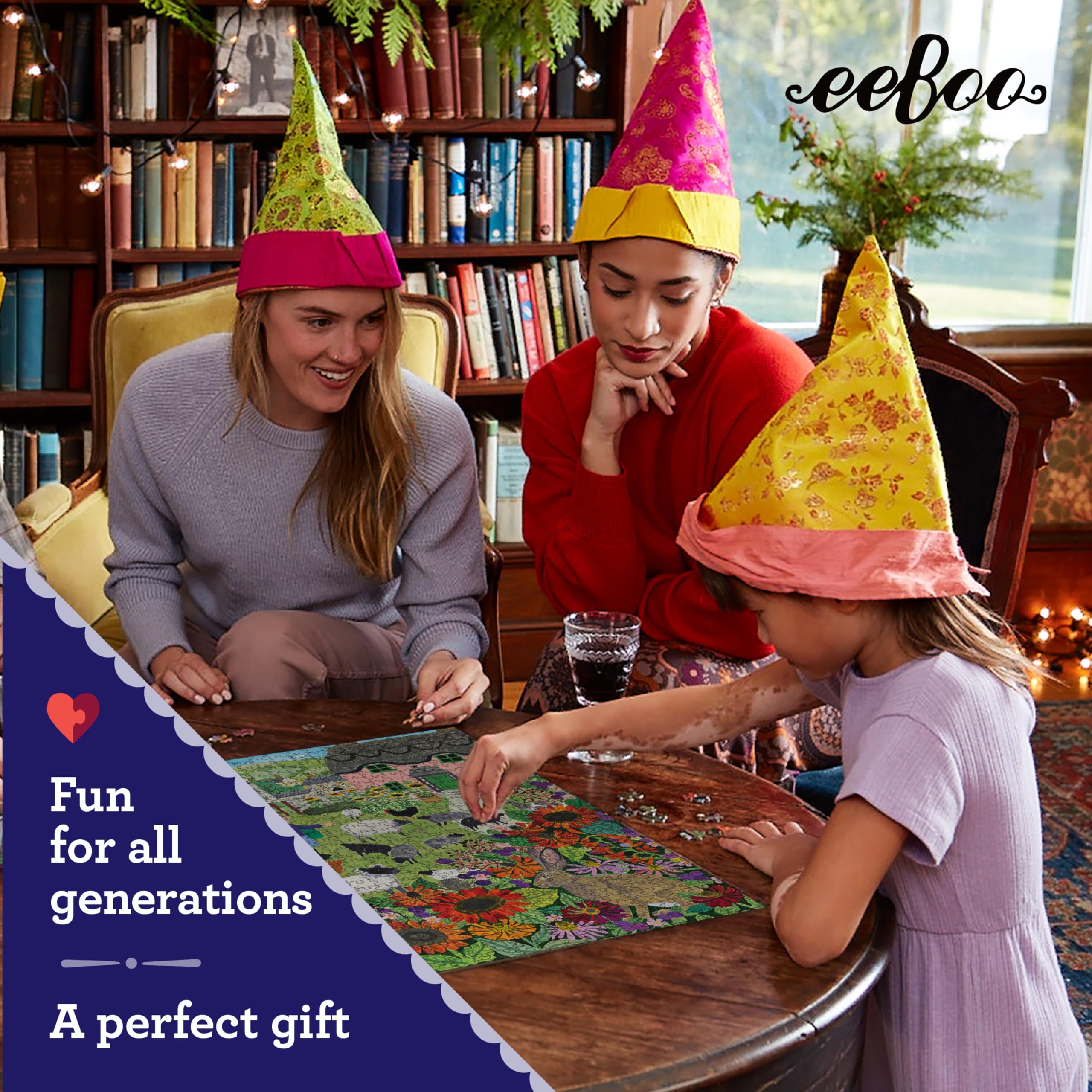 eeBoo Piece & Love: Village Orchard – Puzzle de 1000 pièces – Puzzle carré pour Adulte, scène de Village Anglais de Vanessa Bowman, Nature automnale, écologique