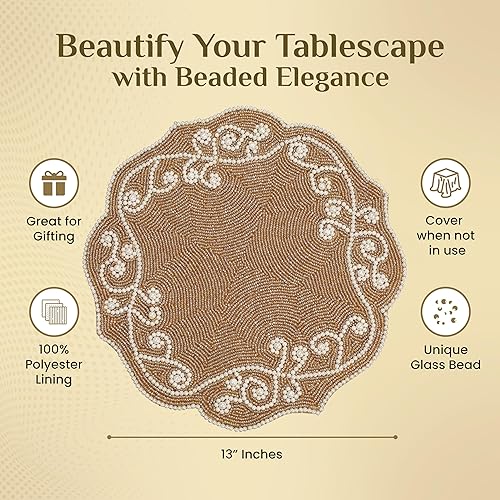 Miniatura 3 de Manteles individuales con cuentas para mesa de comedor, color blanco marfil, paquete de 1 manteles individuales redondos de cuentas de 13 pulgadas