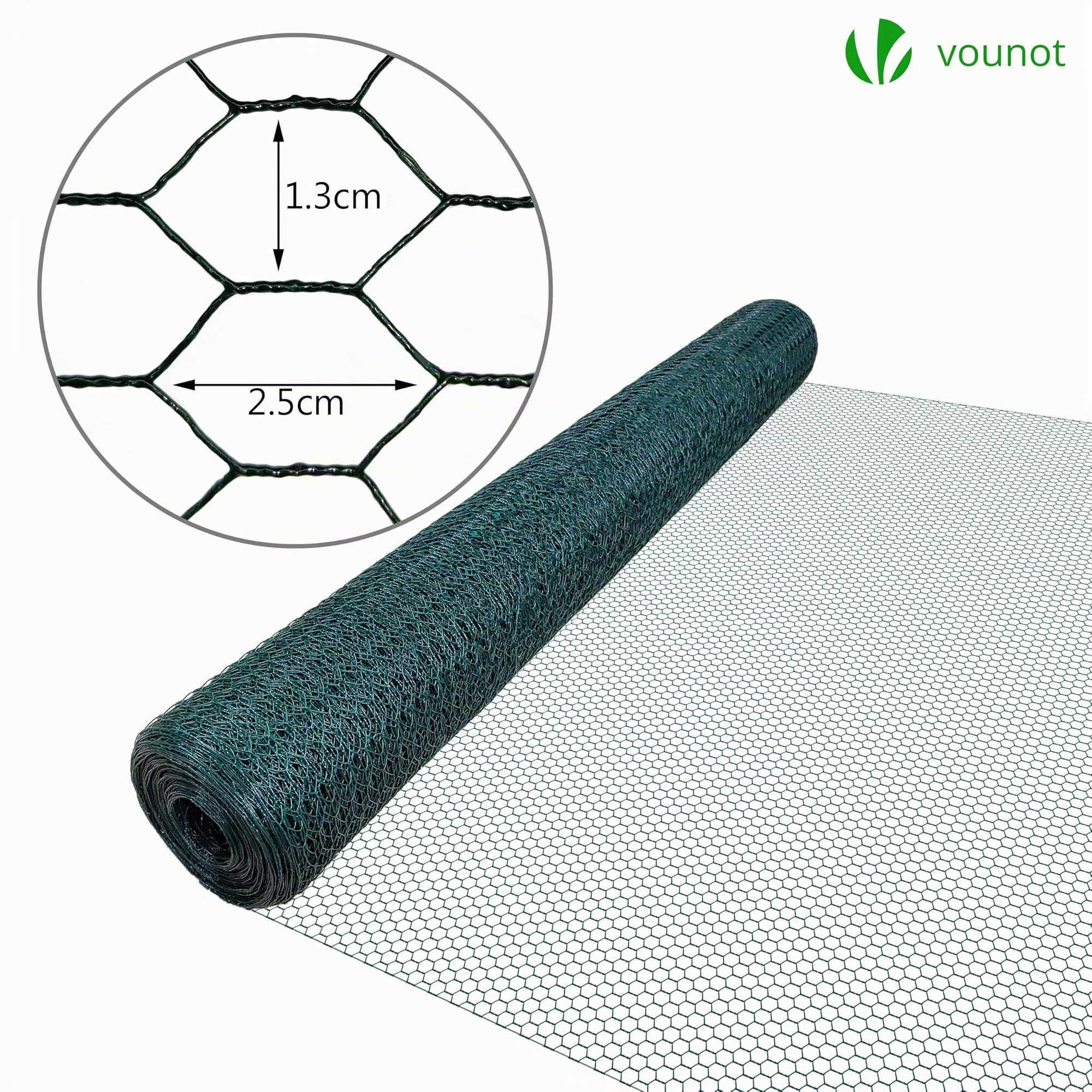 VOUNOT® Maschendrahtzaun Sechseckgeflecht, Drahtzaun Hasendraht Kaninchendraht Hühnerdraht, Maschenweite 13 mm, Höhe 100 cm, Länge 25 m, PVC-Beschichtet Grün