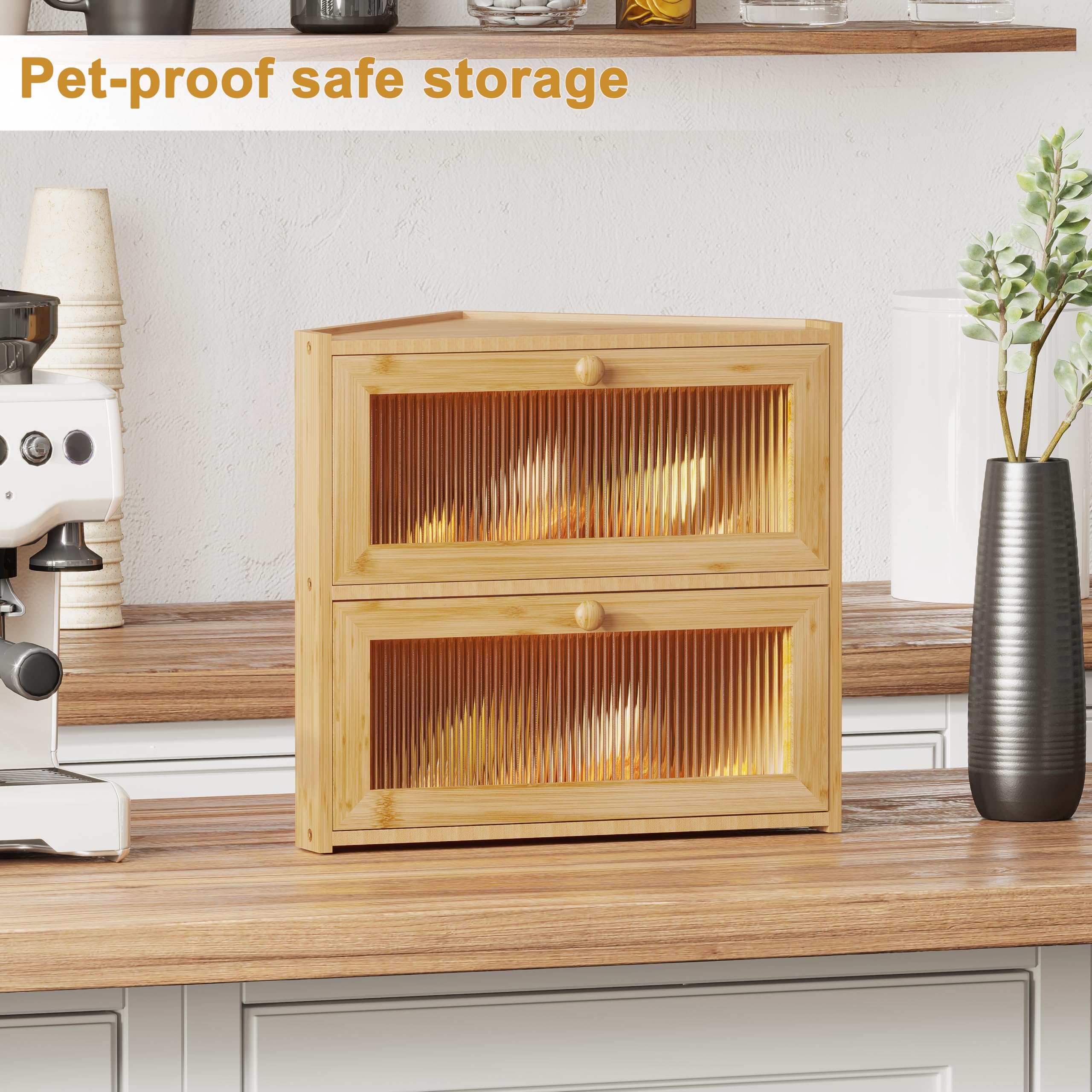 BAMBANG Panera esquinera para encimera de cocina, contenedor de almacenamiento de pan de bambú de doble capa con ventanas onduladas, panera grande de granja, soporte de madera para pan casero, natural