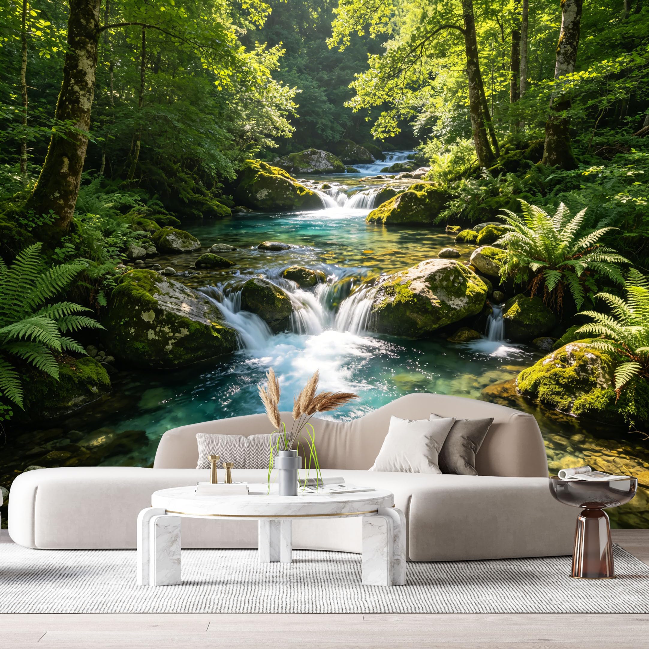 Custom Size Wall Murals Forest Landscape Waterfall Stream Moss Rocks Botanical Nature SelfAdhesive Wall Fabric Removable Large Wallpaper for Photo Living Room