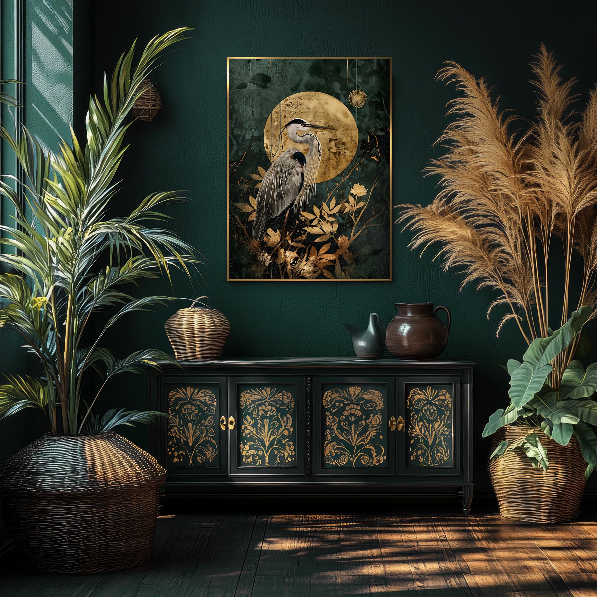 STYLER Bild Golden Sun 50x70 cm mit goldenem Rahmen – Luxuriöses Wandbild für Ihr Zuhause – Reiher Gold Dunkelgrün Modern Minimalistisch Deko