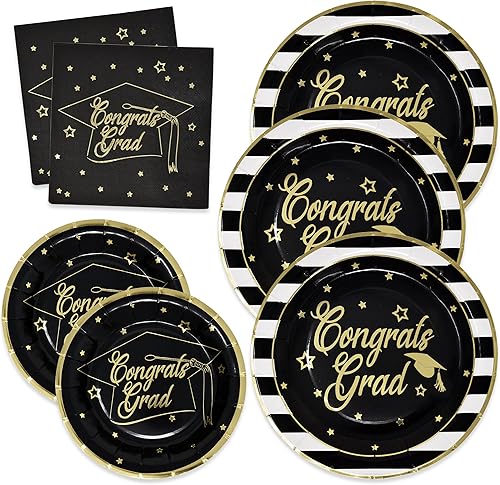 Platos y servilletas de graduación de clase de 2023 para 50 invitados, juego de vajilla de papel desechable en lámina negra y dorada para