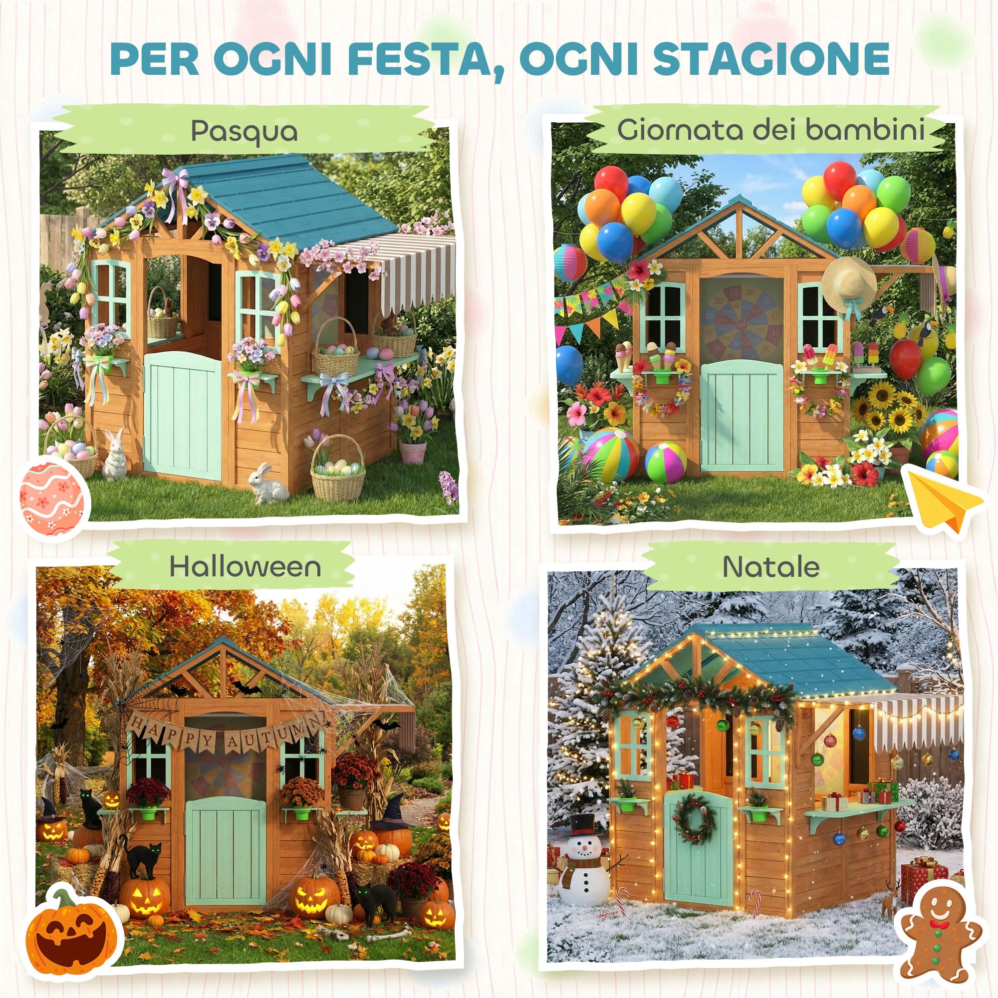 AIYAPLAY Casetta da Giardino per Bambini in Legno Abete, Casetta per Bambini Esterno, Finestra, Snack Bar, Mezza Porta, Portavasi, Telo Bersaglio, 4 Palline, Lavagna, 3-6 Anni, 142x120x141.5cm, Giallo