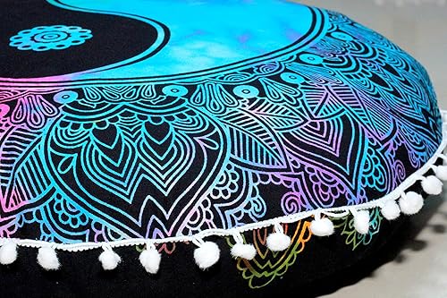 Miniatura 4 de Funda redonda para cojín de mandala, estilo hippie, bohemio, otomana, con pompones, funda decorativa, boho, india, 22 pulgadas (multicolor Yin yang)
