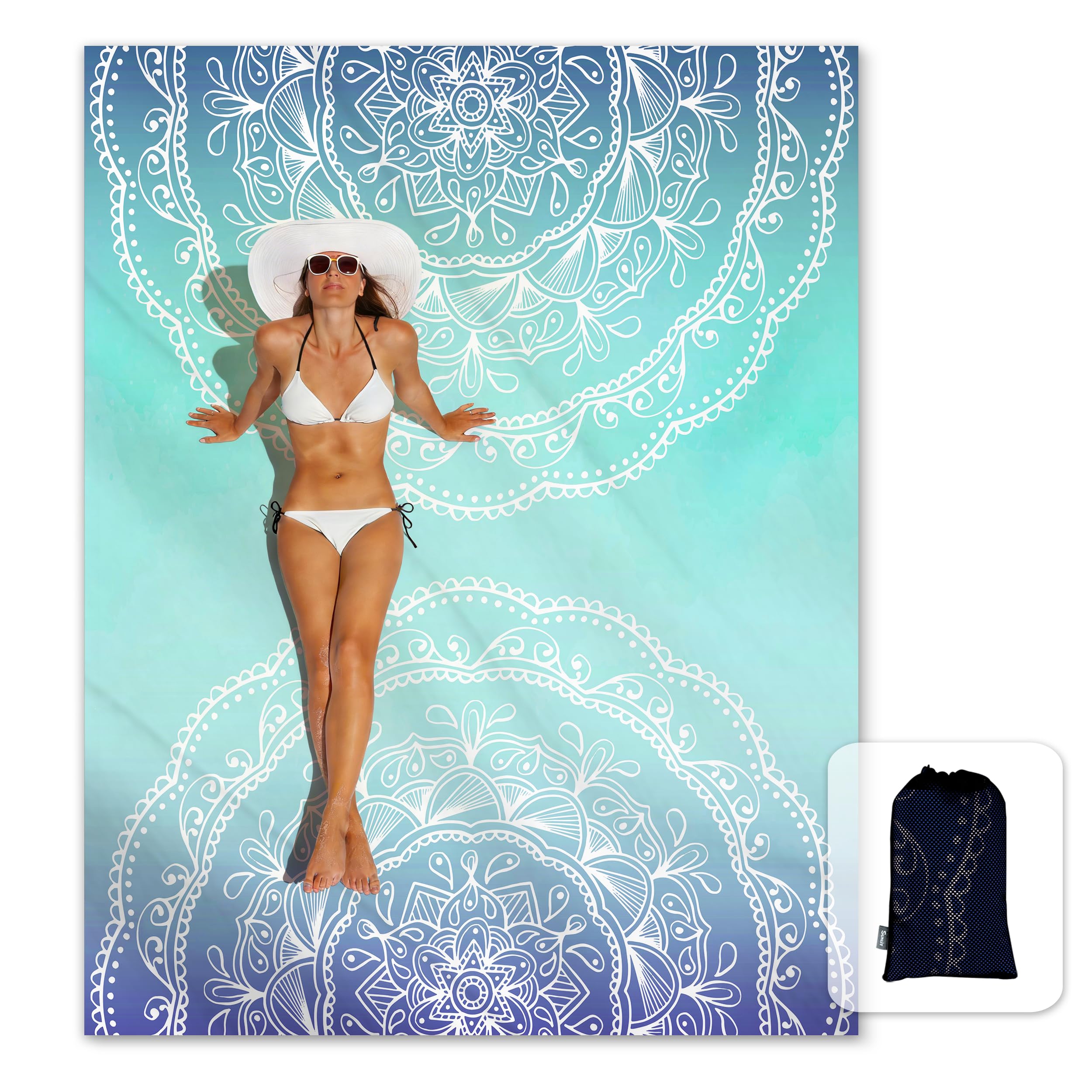 Sunlit Couverture de Plage Douce et Soyeuse de 269,2 x 205,7 cm, Tapis Anti-Sable avec Poches d'angle et Sac en Maille pour fête de Plage, Voyages, Camping et Festival de Musique en Plein air, Motif