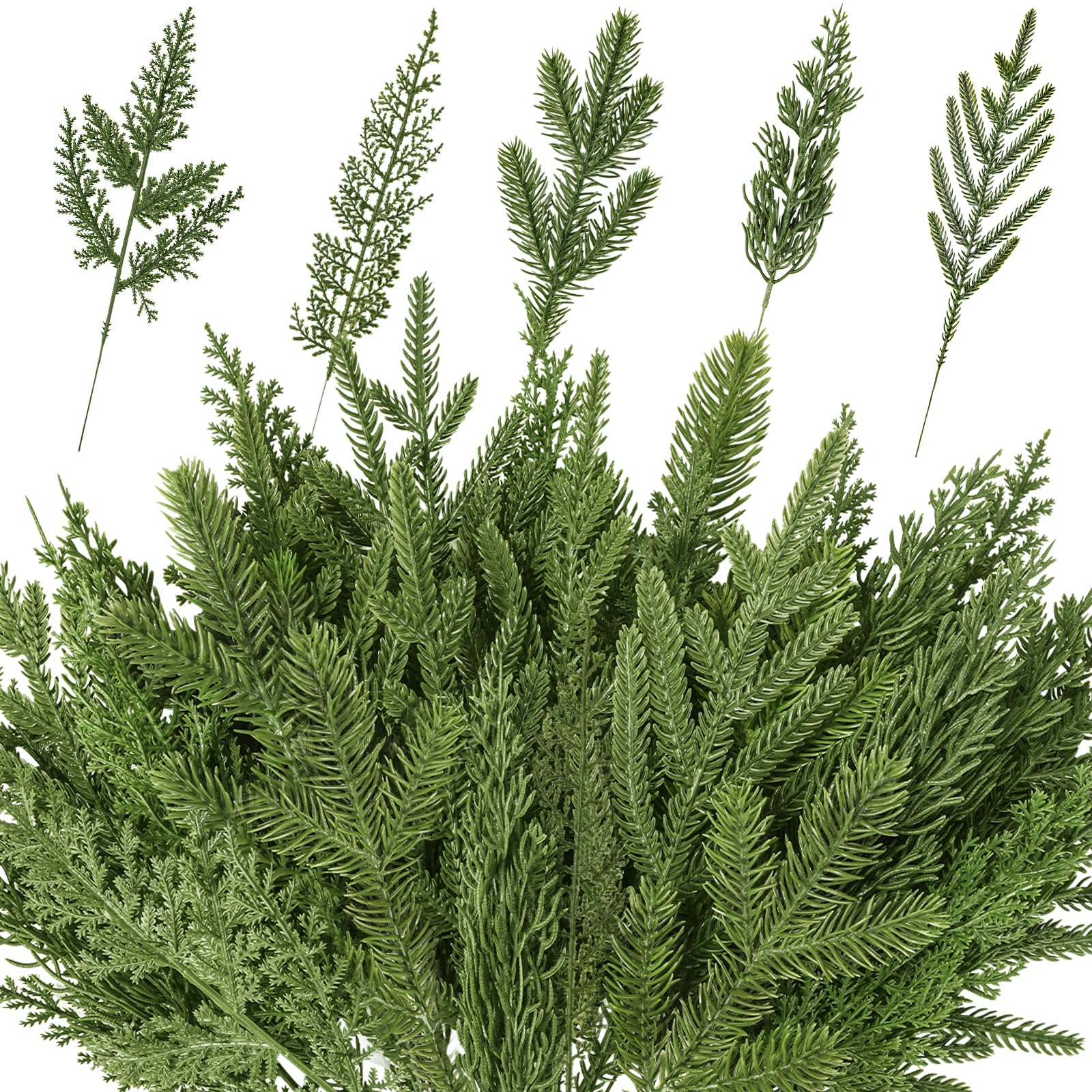 XIMISHOP 60PCS Christmas Norfolk Pine Branches, 5 Styles Artificial Christmas Norfolk Branches Greenery Real Touch Pine Needle Branch Stems Sprigs for Xmas DIY Making Garland Wreath Home Decor