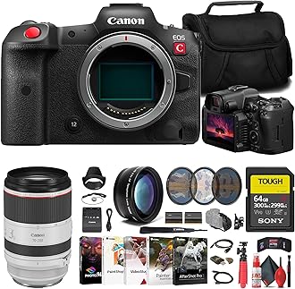 Canon EOS R5 C Mirrorless Cinema Camera (5077C002) + Canon 70-200mm Lens (3792C002) + Sony 64GB SD Card + Filter Kit + Color Filter Kit + Lens Hood + Bag + LPE6 Battery + More (Renewed)
