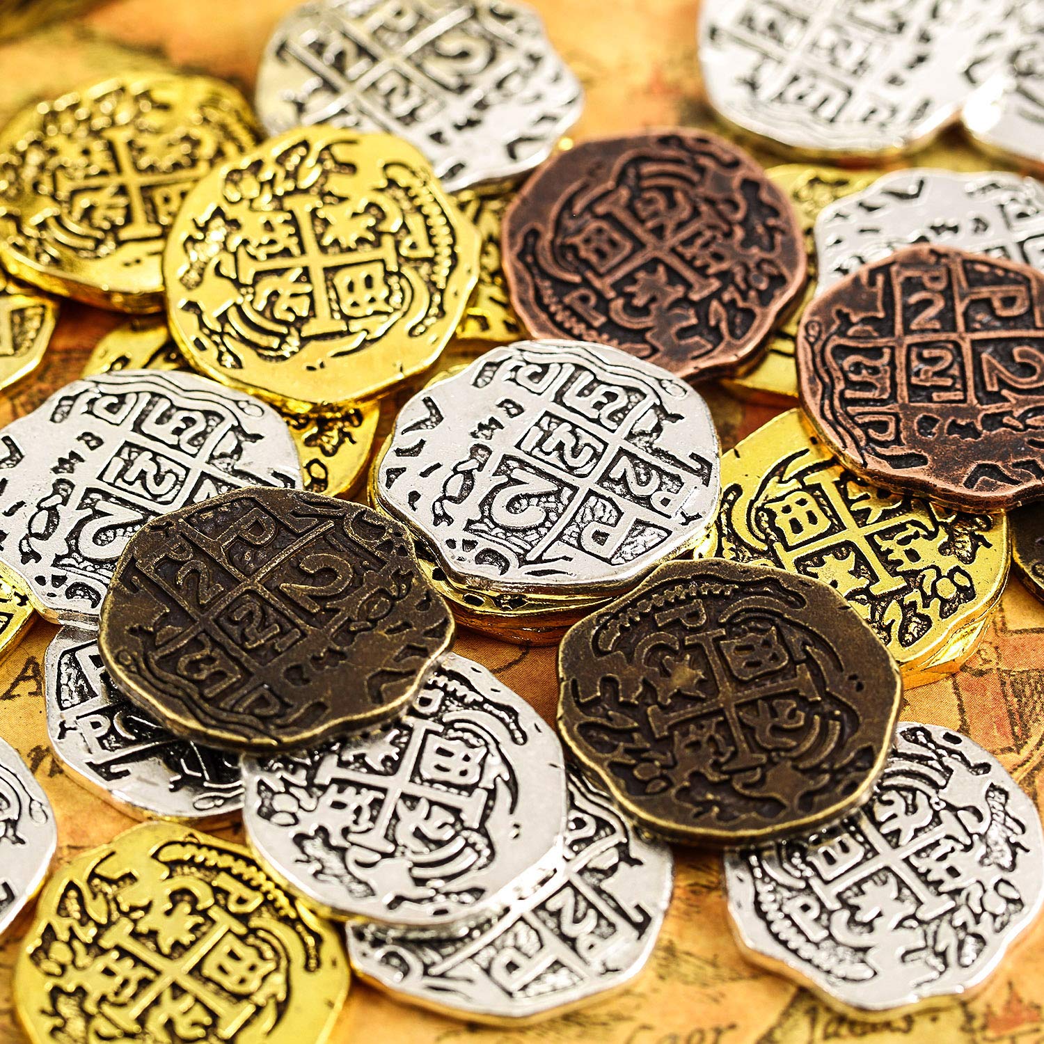 35 Pièces Pièces de Pirate en Métal Espanol Pièce de Trésor de Pirate Répliques Doubloon pour Décorations de Fête, Bronze, Bronz