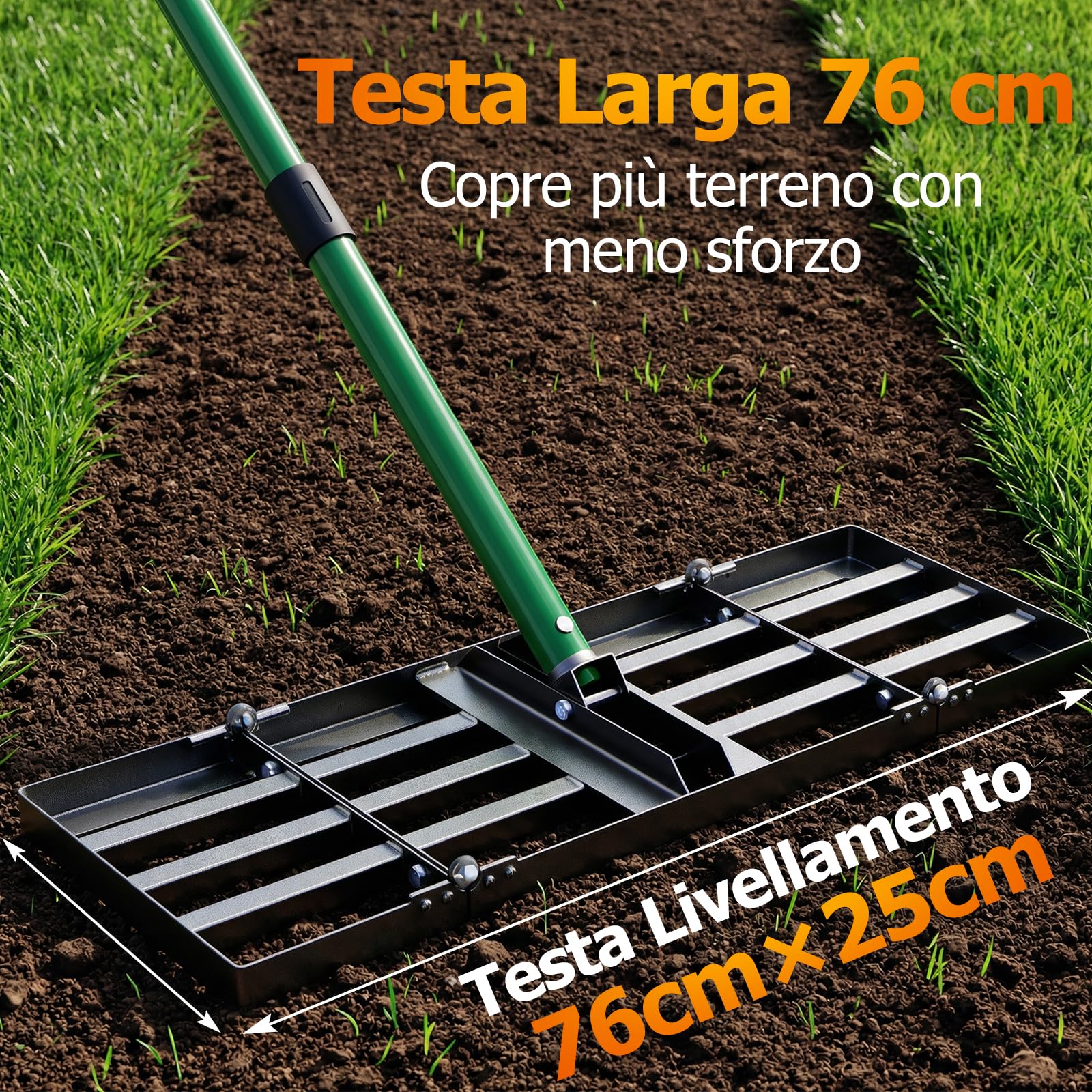Rastrello per livellamento per prato, 76 x 25 cm, con manico regolabile da 84 a 196 cm, pieghevole, per terra, sabbia, ghiaia