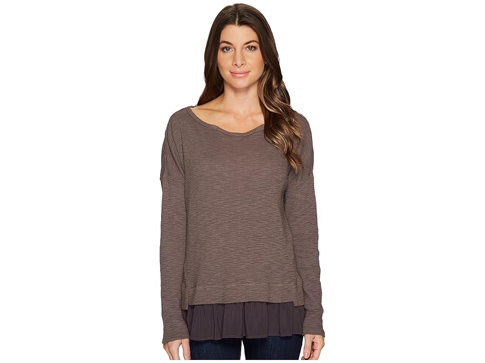 

Mod-o-doc Vintage Slub Thermal Boxy Pullover with Contrast Hem (Stone) Women's Clothing