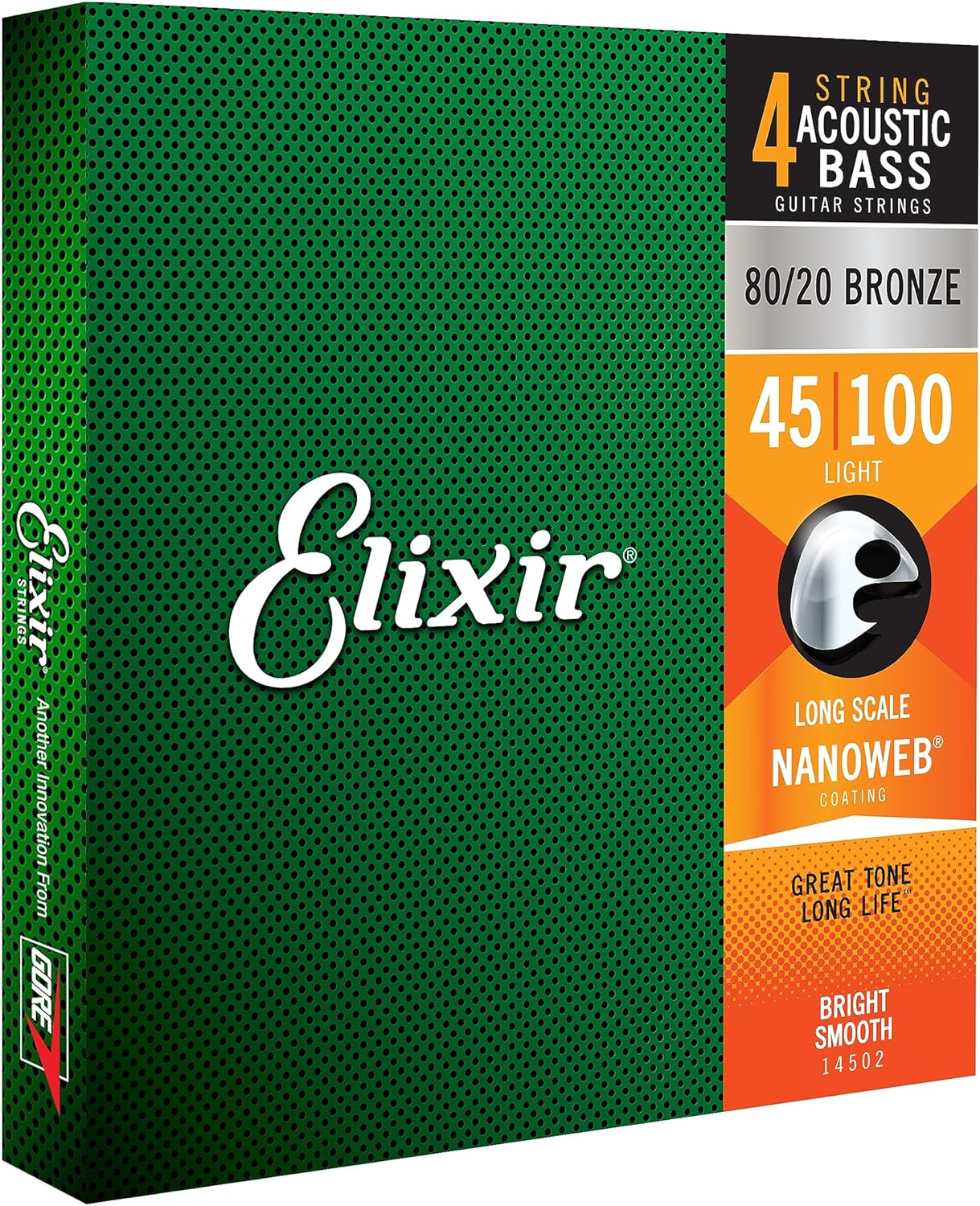 Elixir Strings, Acoustic Bass Guitar Strings, 80/20 Bronze with NANOWEB Technology, Longest-Lasting Bright Tone with Comfortable Feel, 4-String Set, Long Scale, Light 45-100