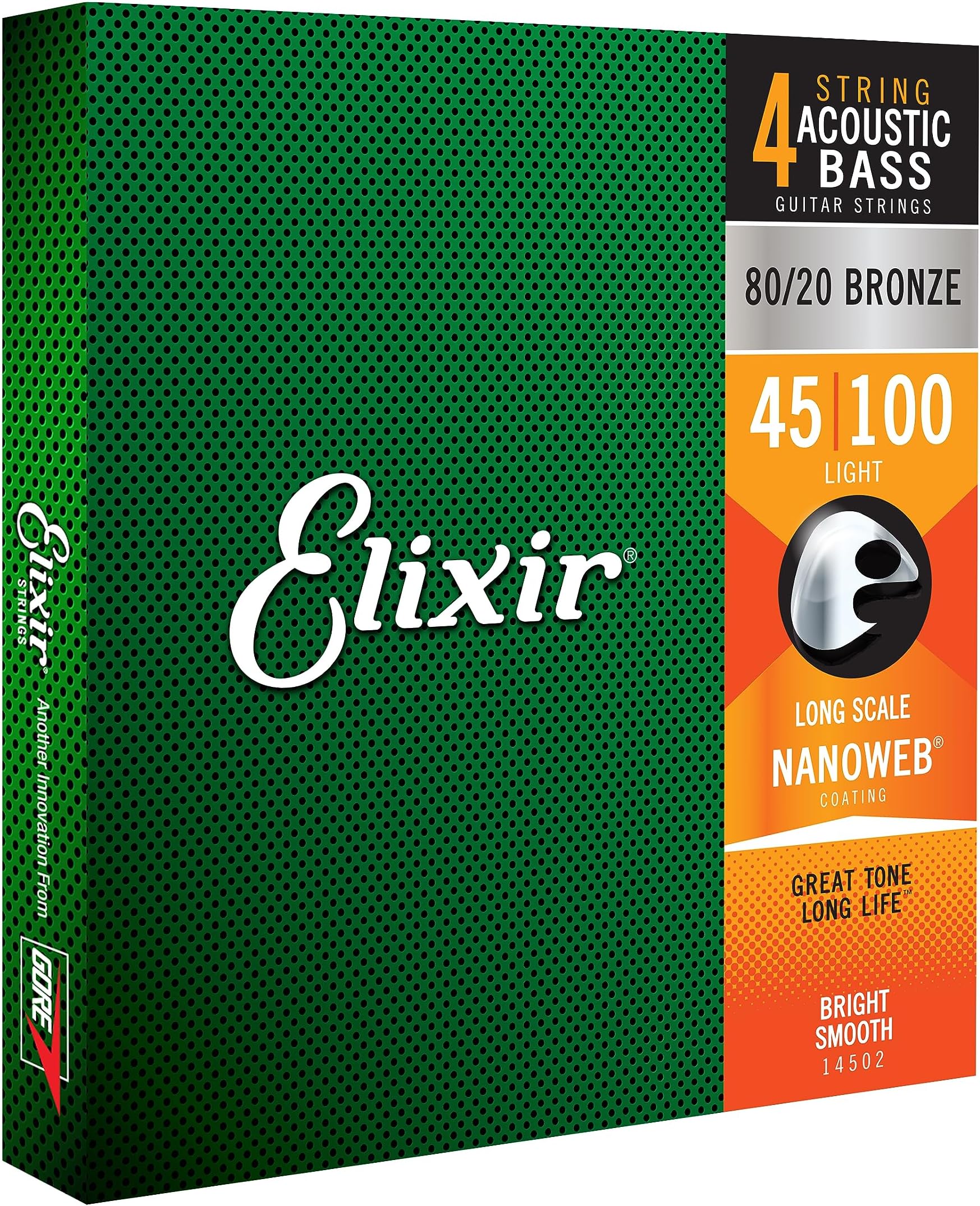 Elixir Strings, Acoustic Bass Guitar Strings, 80/20 Bronze with NANOWEB Technology, Longest-Lasting Bright Tone with Comfortable Feel, 4-String Set, Long Scale, Light 45-100
