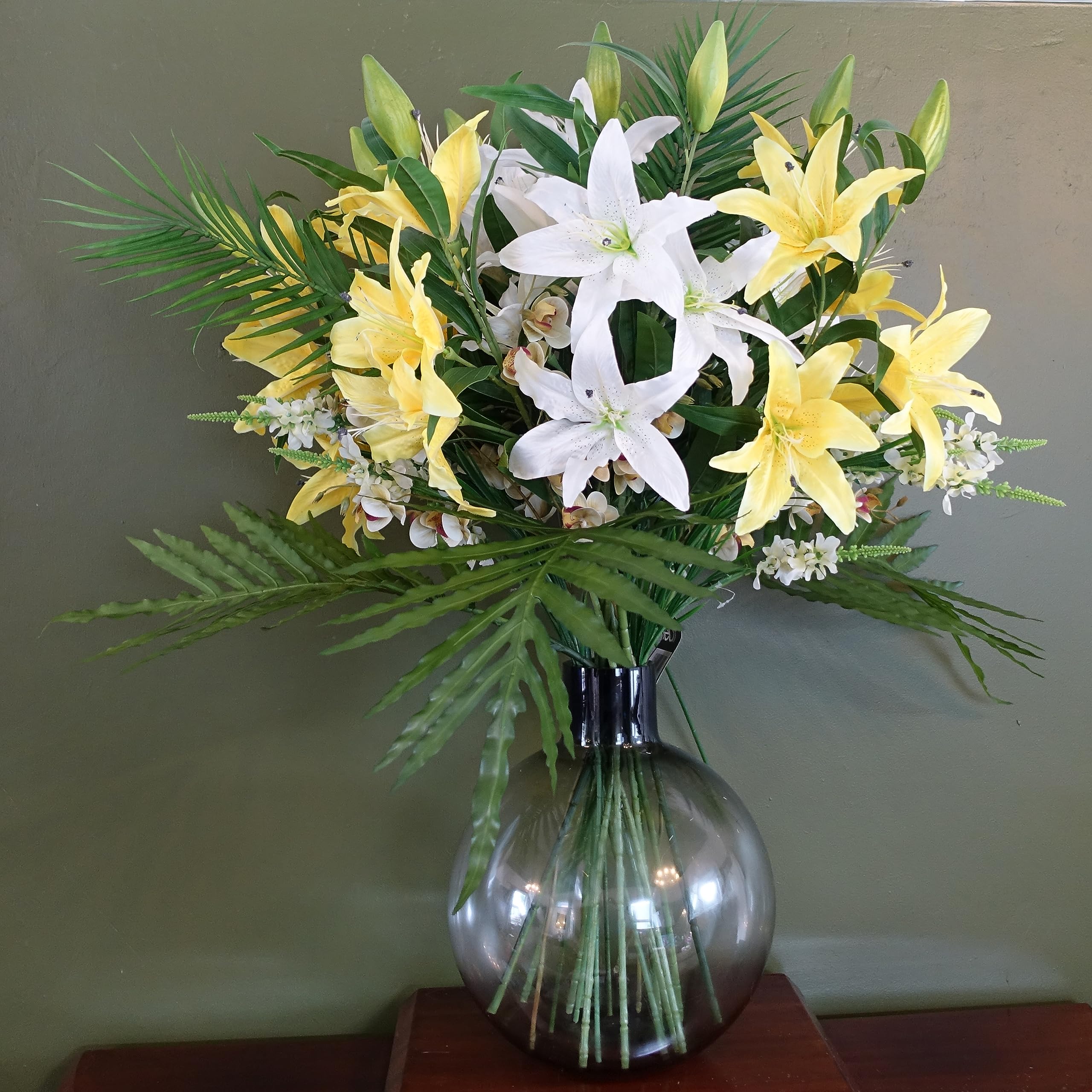 Leaf 100Cm Artificial Lily Palm Flowers Glass Ball Vase Grey/Green/White