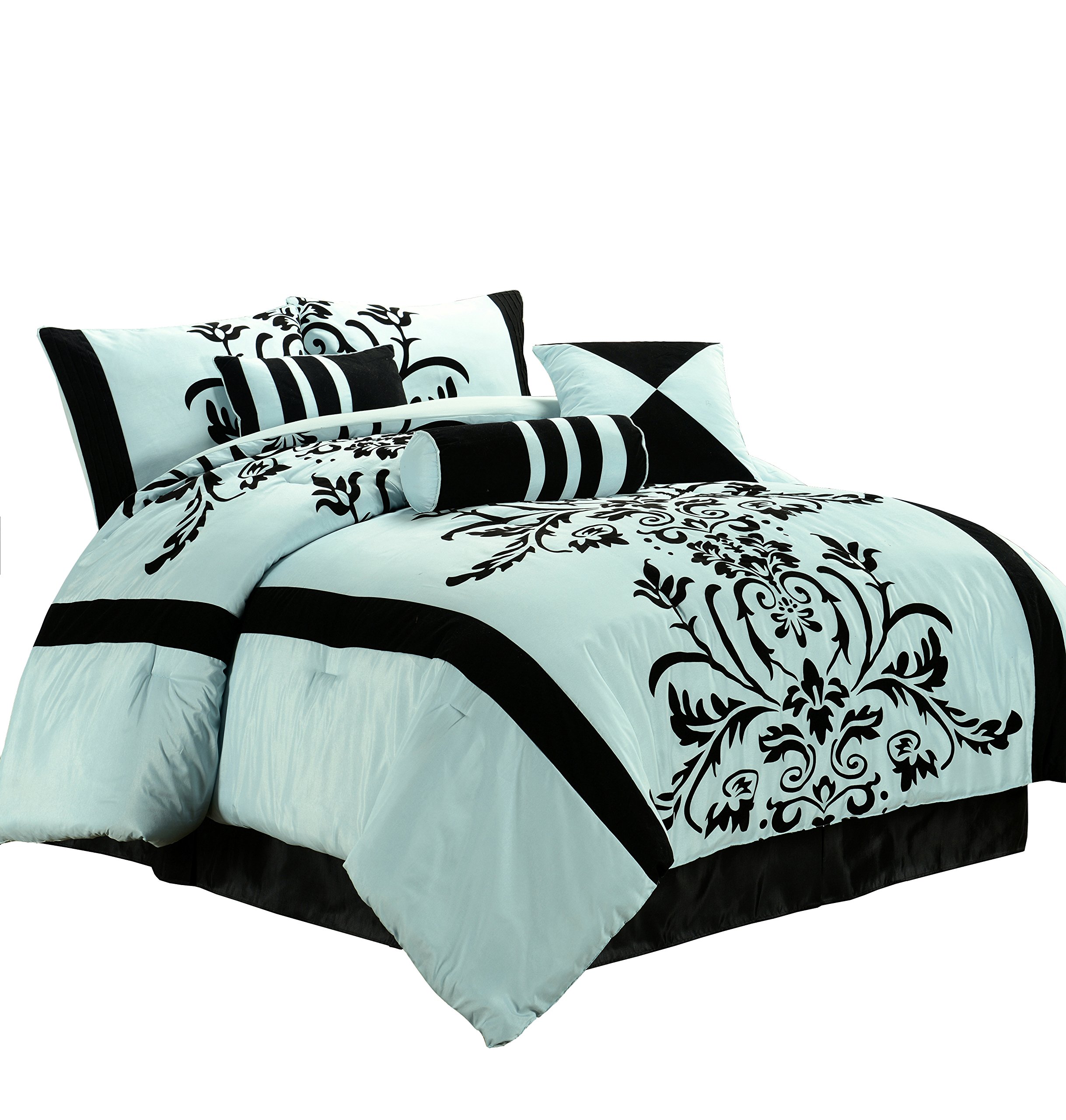 Chezmoi Collection Nobility 7 Piece Aqua Black Flocked Floral Comforter |  Desertcart Seychelles, image size:2437x2560