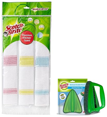 Scotch-Brite Cotton Kitchen Towels (Green, Pack of 3) (IA840188337) Bathroom Brush with Abrasive Scrubber (Green,Pack of 1)