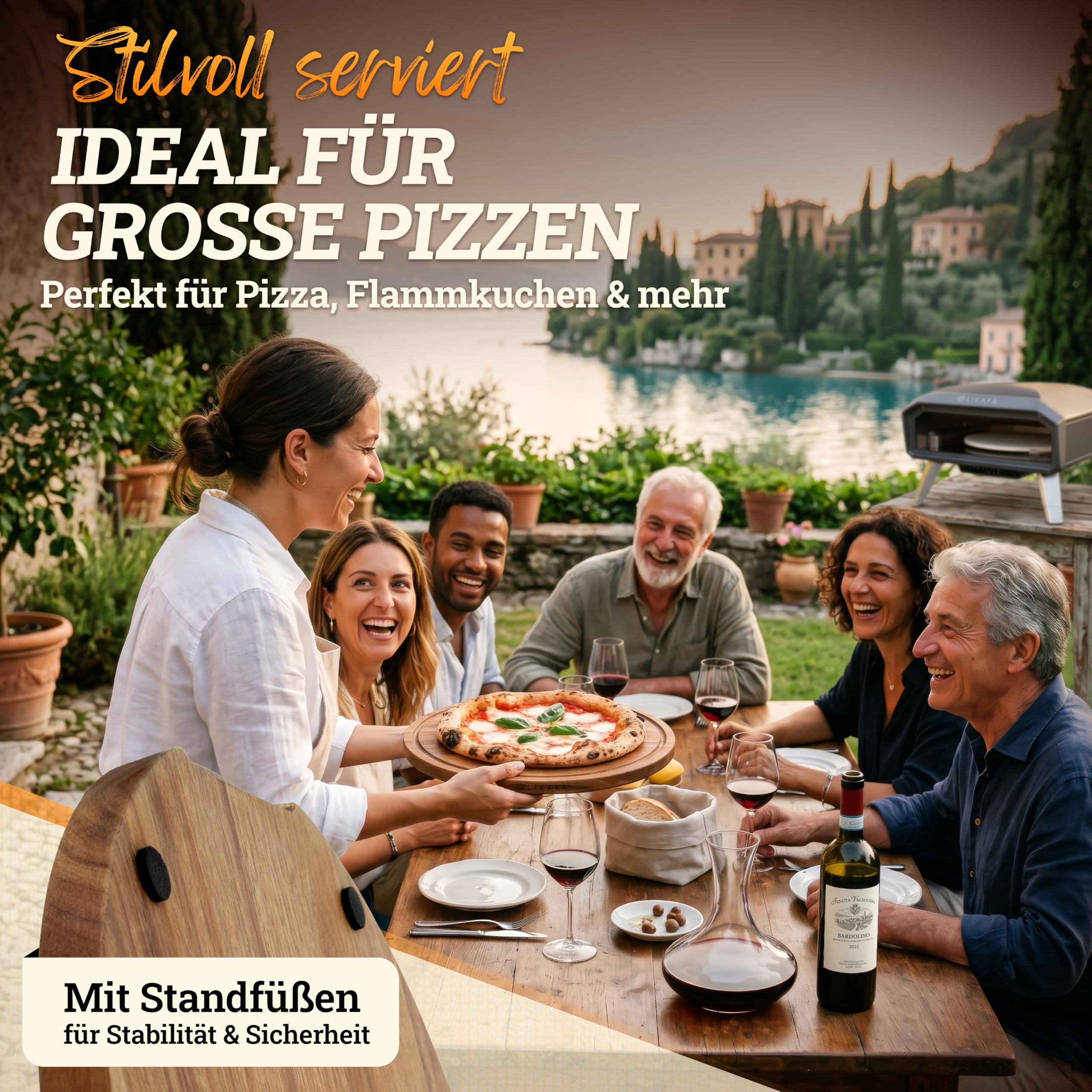 LIKAYA Pizzaiolo Set d'accessoires à pizza professionnel avec pelle à pizza 32 x 62 cm, planche à pizza 35 cm et couteau à pizza 36 cm – Pelle à pizza, couteau à pizza et planche à pizza en bois