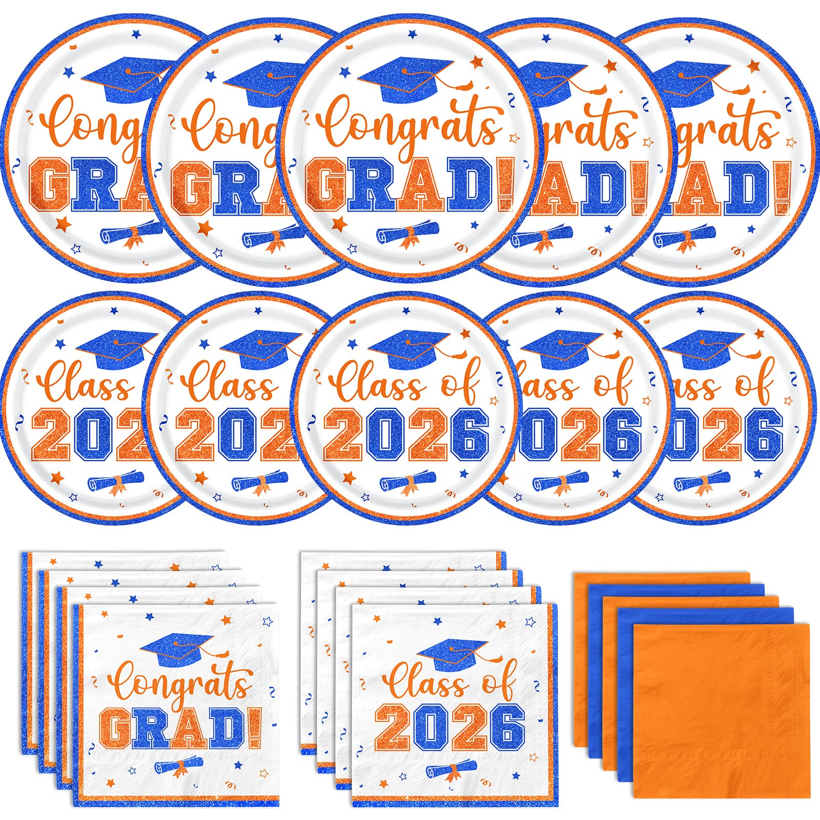 Graduation Decorations 2026,Orange and Blue Graduation Plates and Napkins 2026,200pcs Class Of 2026 Party Decorations Tableware for Graduation Party