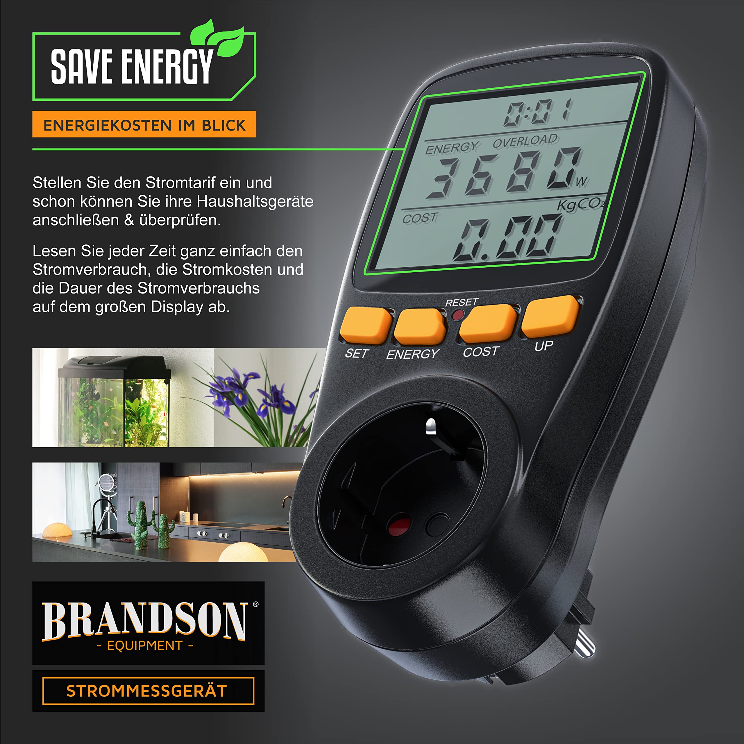 Brandson - 3x digitales Energiekostenmessgerät - Strommessgerät, Energiekosten Anzeige - Stromzähler Steckdose - 3680W - Energiemessgerät mit integriertem erhöhtem Berührungsschutz