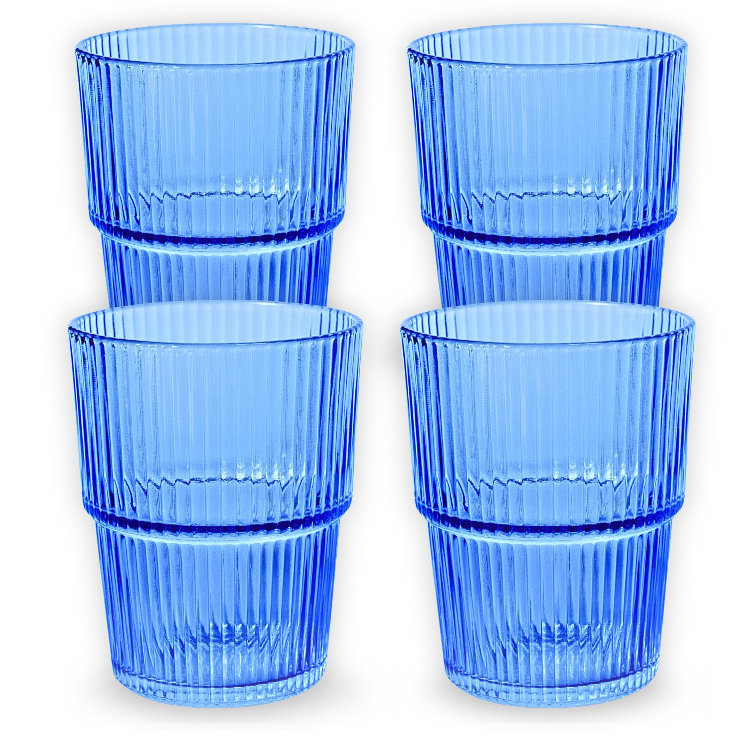 Photo 1 of ELEMENT LABS Ribbed Drinking Glasses Set of 4 - Stackable Glass Cups - for Iced Coffee, Water, Juice & Mocktails - Aesthetic Glass Tumblers - Elegant Hostess Gifts Summer Essentials (14 fl oz)