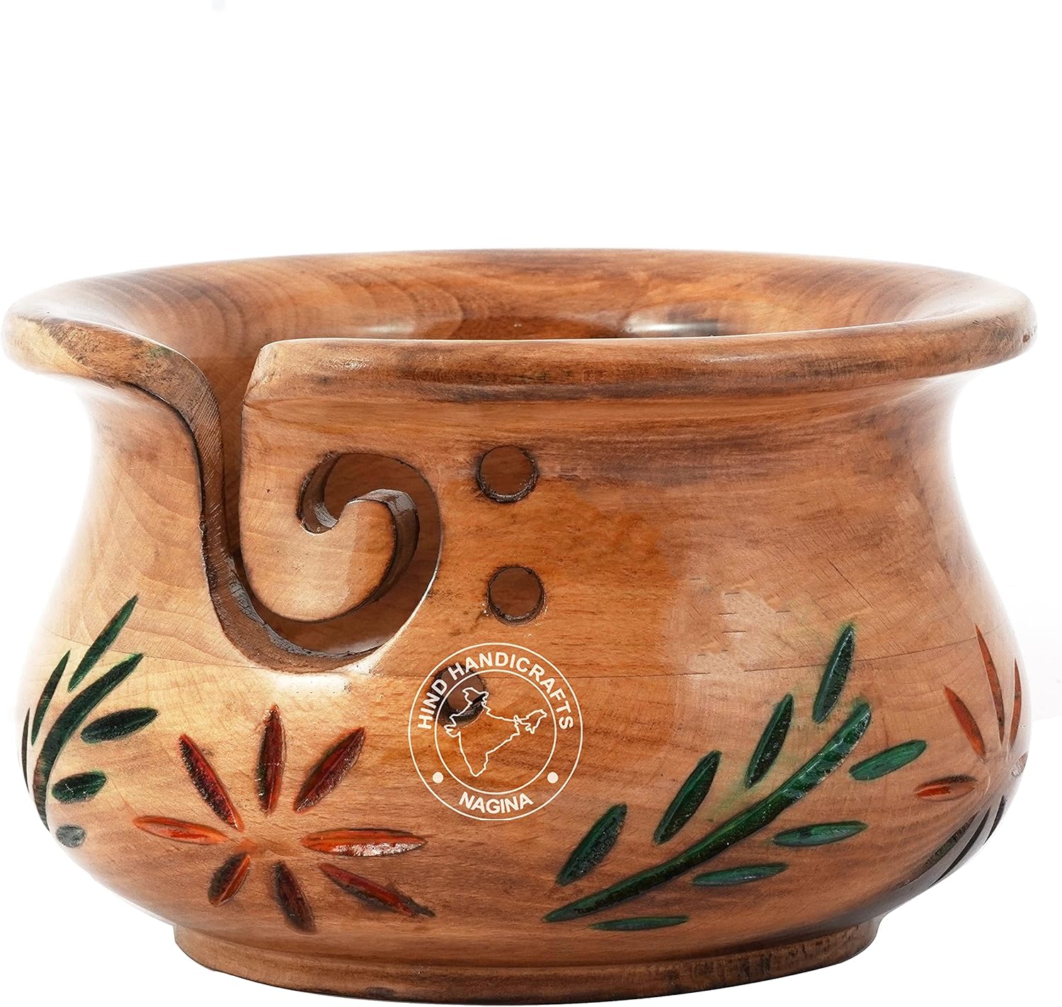 Hind Handicrafts Floral Handcrafted Wooden Portable Yarn Storage Bowl - Solid Dark Handmade Crafted - Holder for Knitting Crochet Hook Accessories - Bag Included (Design-1, 6" x 6" x 4")