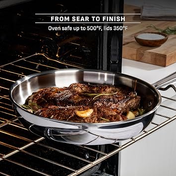T-Fal Pro Tri-Ply Stainless Steel 2 qt Saucepan with Lid, Induction Pot | NSF-certified tri-ply build, Glass lid traps heat, Oven safe to 500 F, Built-in measuring marks, All cooktops compatible