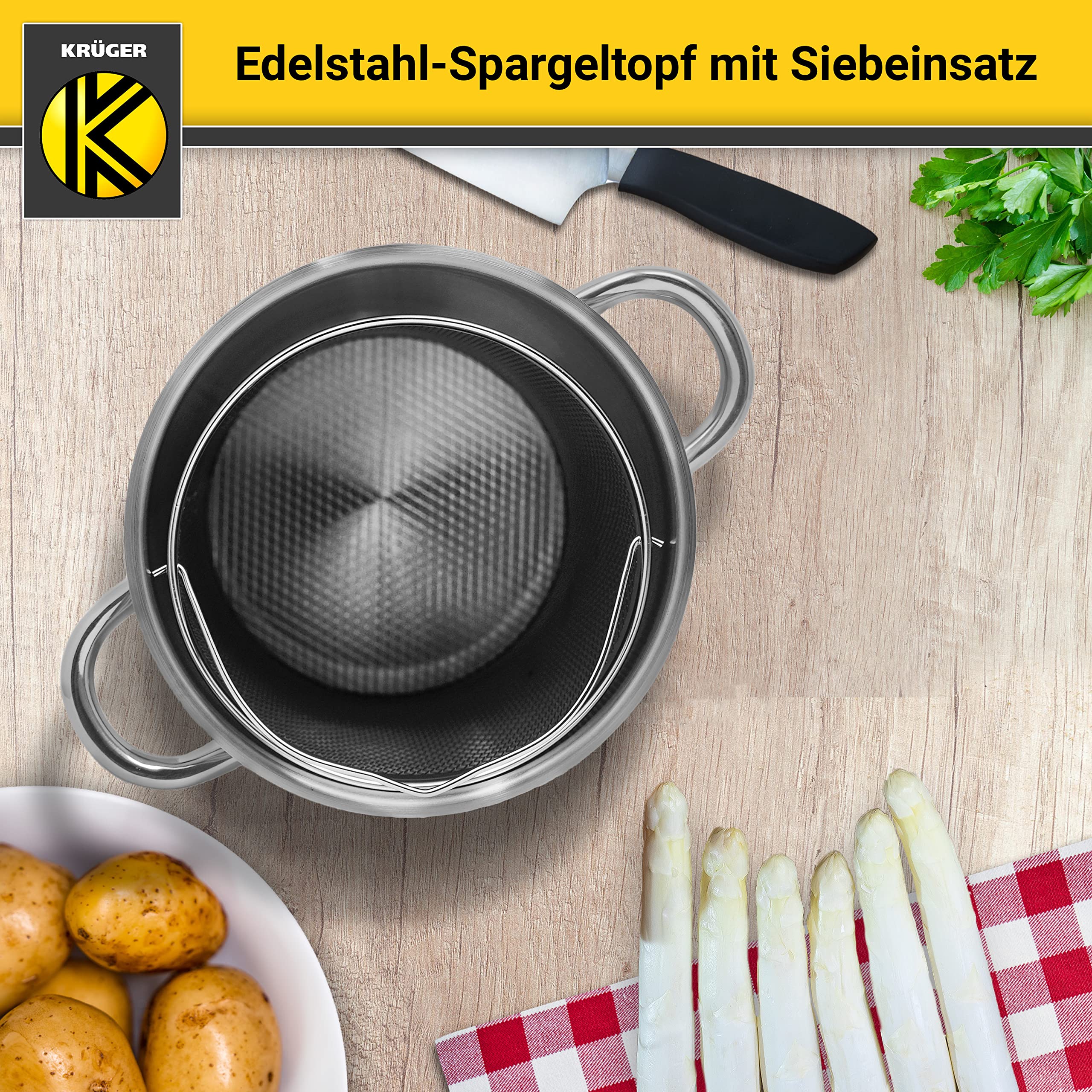 Krüger Pentola per asparagi in acciaio inox con coperchio in vetro e filtro – Pentola per asparagi con coperchio per cucinare a vista, fondo capsula a risparmio energetico e manici in metallo freddo –