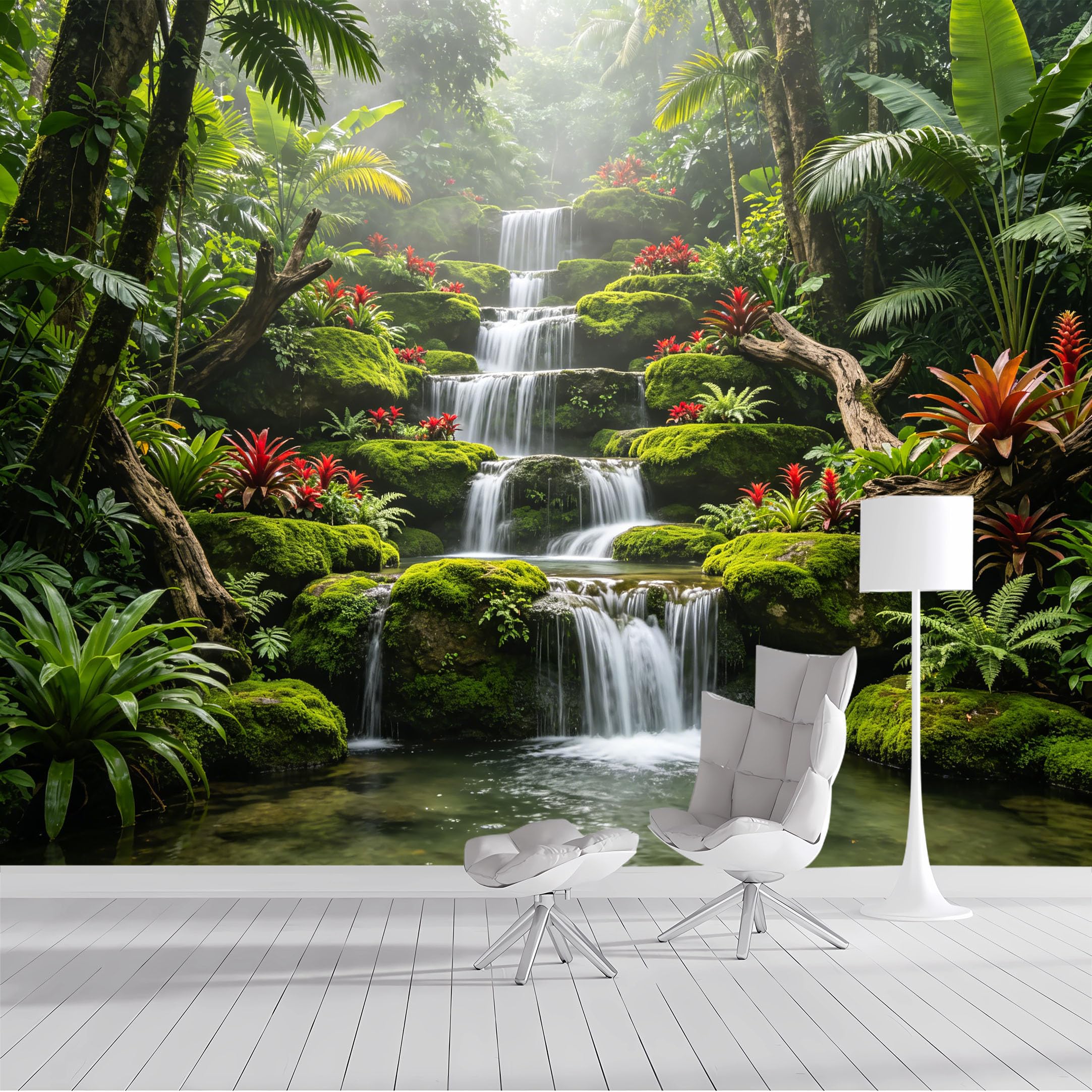 Custom Size Wall Mural Tropical Waterfall Jungle Landscape Botanical Nature Scenery SelfAdhesive Wall Fabric Removable Peel and Stick Wallpaper Wall Decor for Living Room Bedroom Bathroom