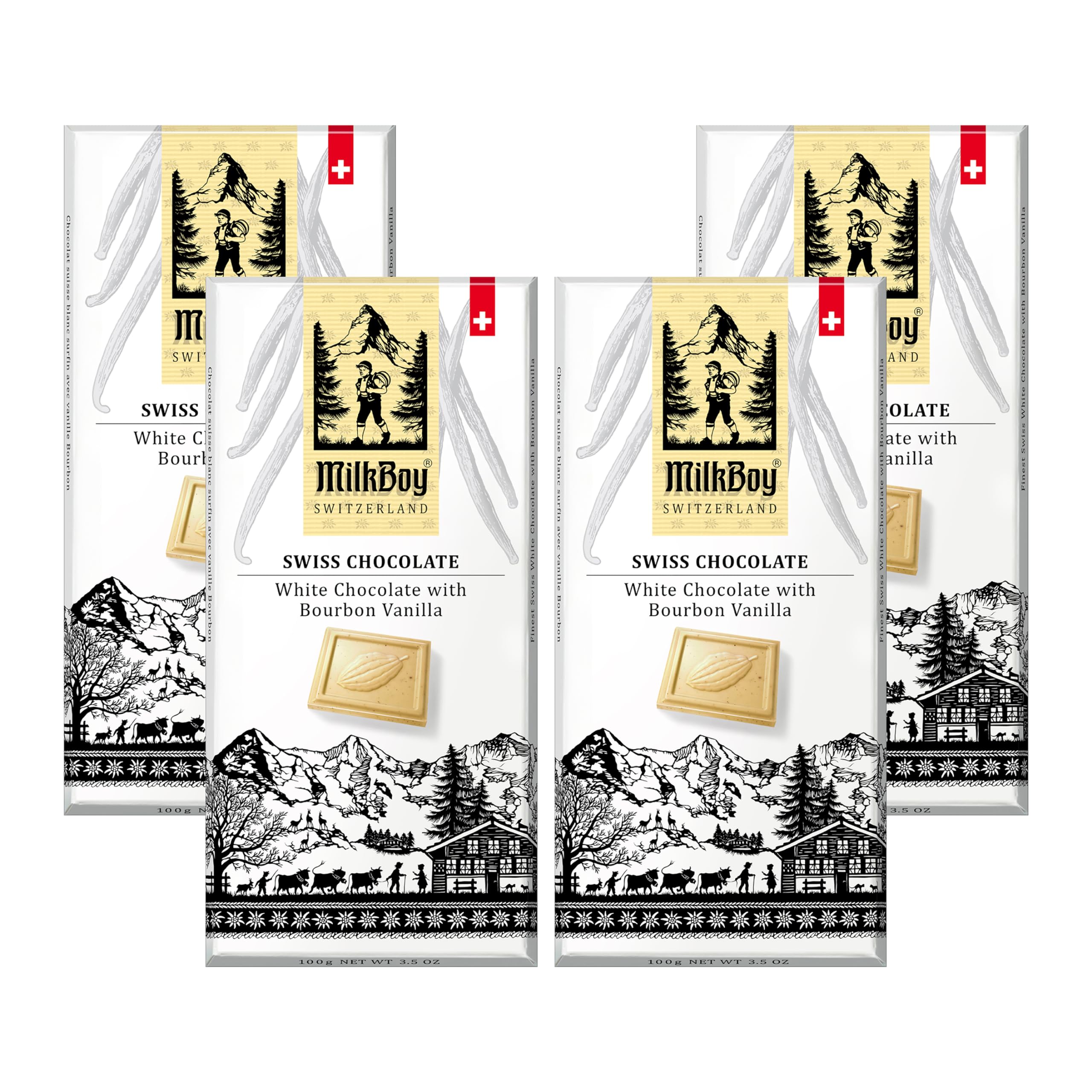 Milkboy Swiss White Chocolate Bars - Gourmet Bourbon Vanilla Chocolate Bars - Made with Pure Natural Vanilla - White Premium - Gluten Free - Non-GMO - Kosher - 3 oz, Pack 4