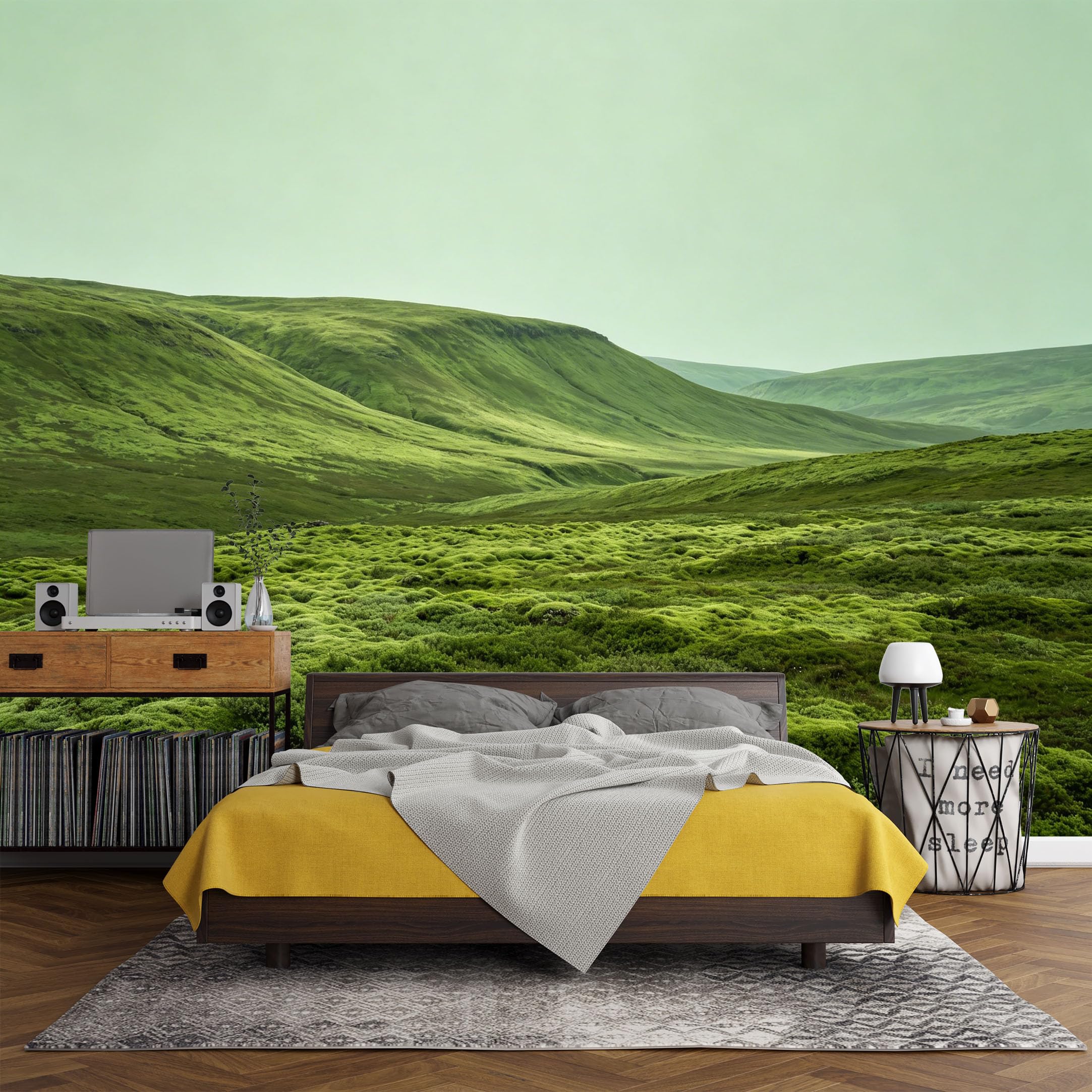 Custom Size Wall Mural， Landscape Green Hills Meadow Valley Nature Scenery，SelfAdhesive Art Prints wall Fabric (No PVC) Removable Wallpaper Living Room Decor