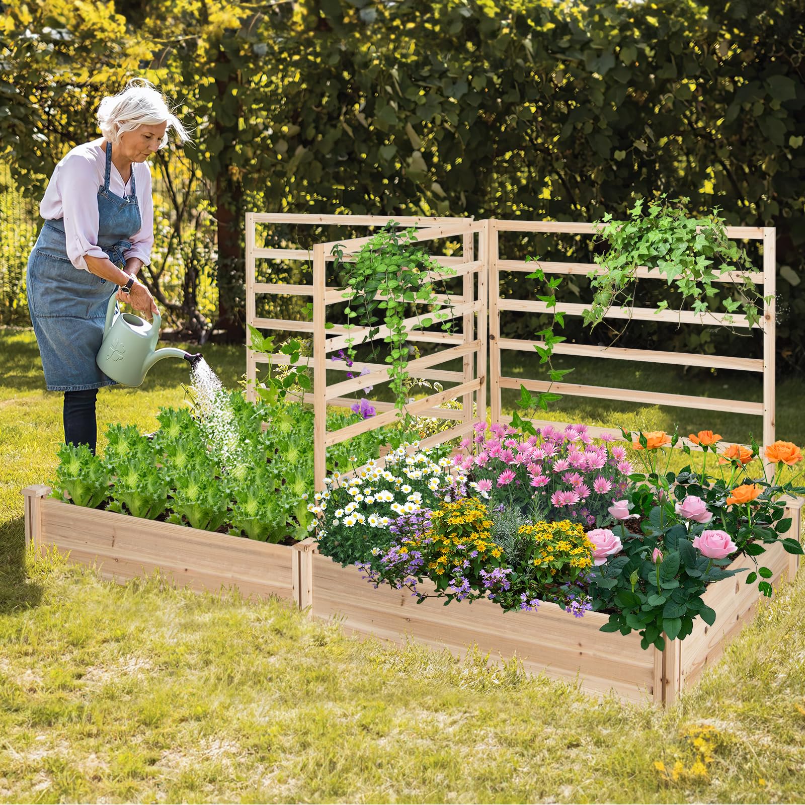 RELAX4LIFE Jardinère Surélevé en Bois avec 3 Treillis, 2 Bacs à Plantes Carré Potager surélevé Extérieur 2.2X 1.2x1.1M, Bac à Plantes Surélevé sans Fond pour Fruits Légumes Fleurs Herbes, KX8439FR