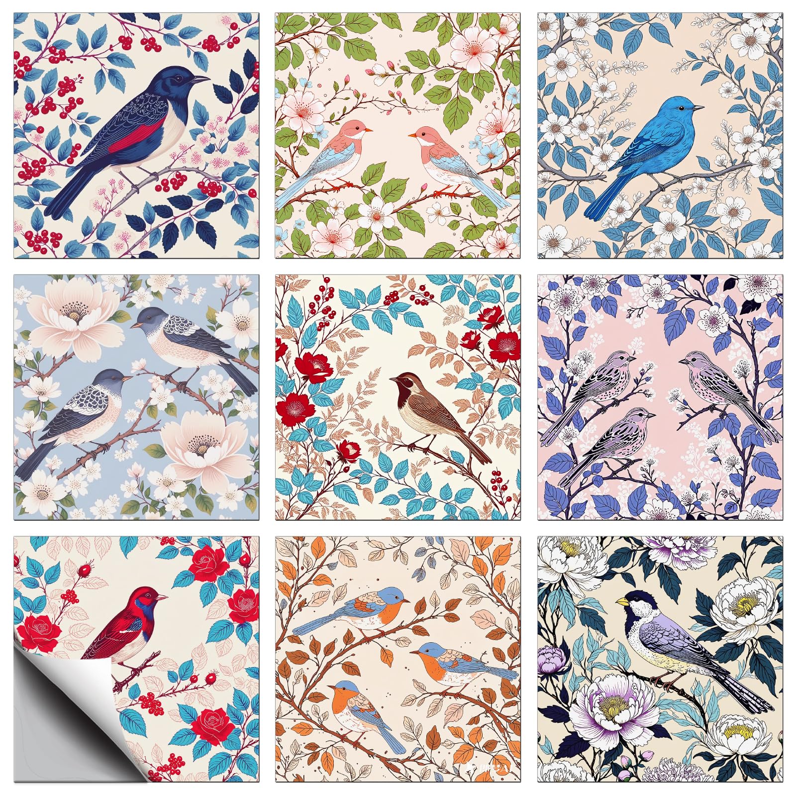 CONCHLERY 36 Pcs 9 Style Flowers Pattern Peel and Stick Wall Tile Sticker Retro Style Wall Stickers Birds Waterproof Self Adhesive Stick on Tile Decals for Kitchen Bathroom Art Decor, 4×4 Inch