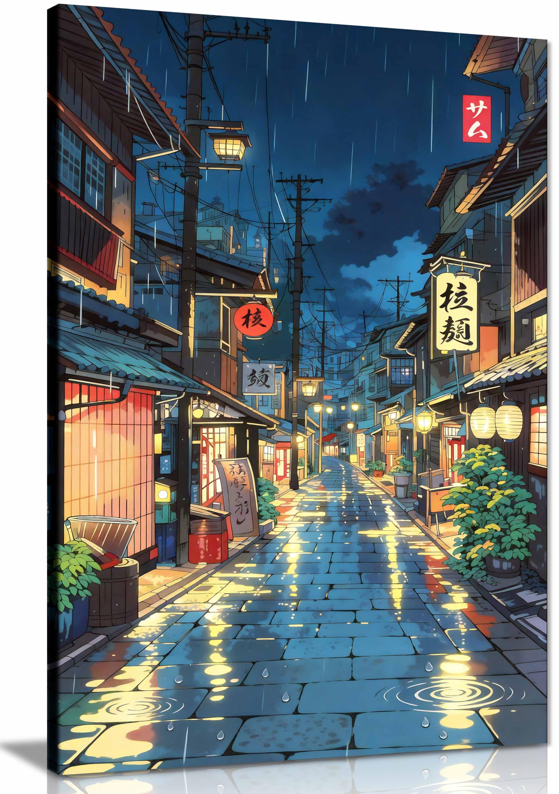 Tokyo Tea House Cartoon Japanese Illustration, Anime Style City Street Cafe Scene Wall Art, Ukiyo-e Poster Framed Canvas Print, Pictures for Home Walls, Bedroom, Living Room Decor 76x51cm (30x20in)