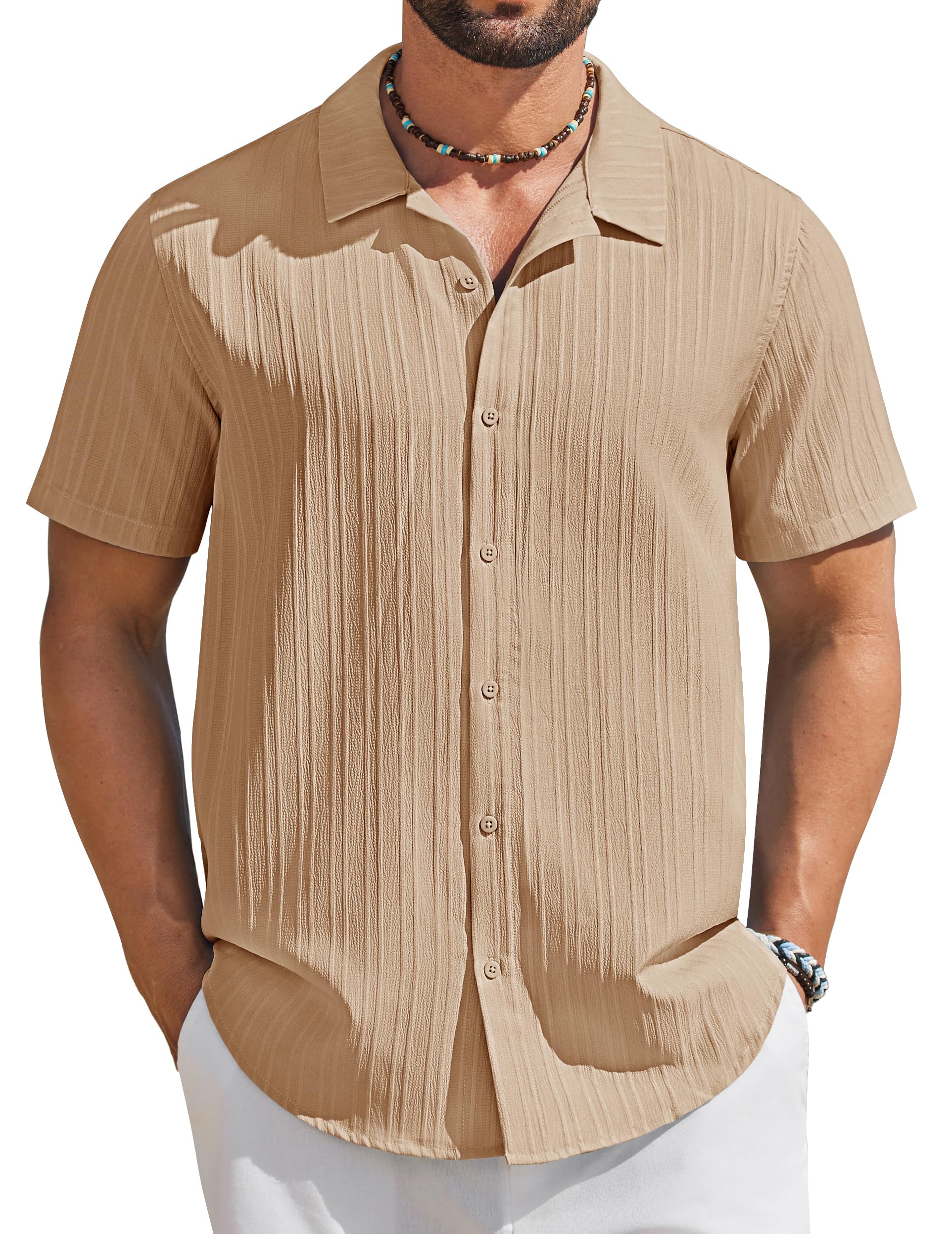 Men's Short Sleeve Casual Button Down Shirts Textured Summer Beach Shirt